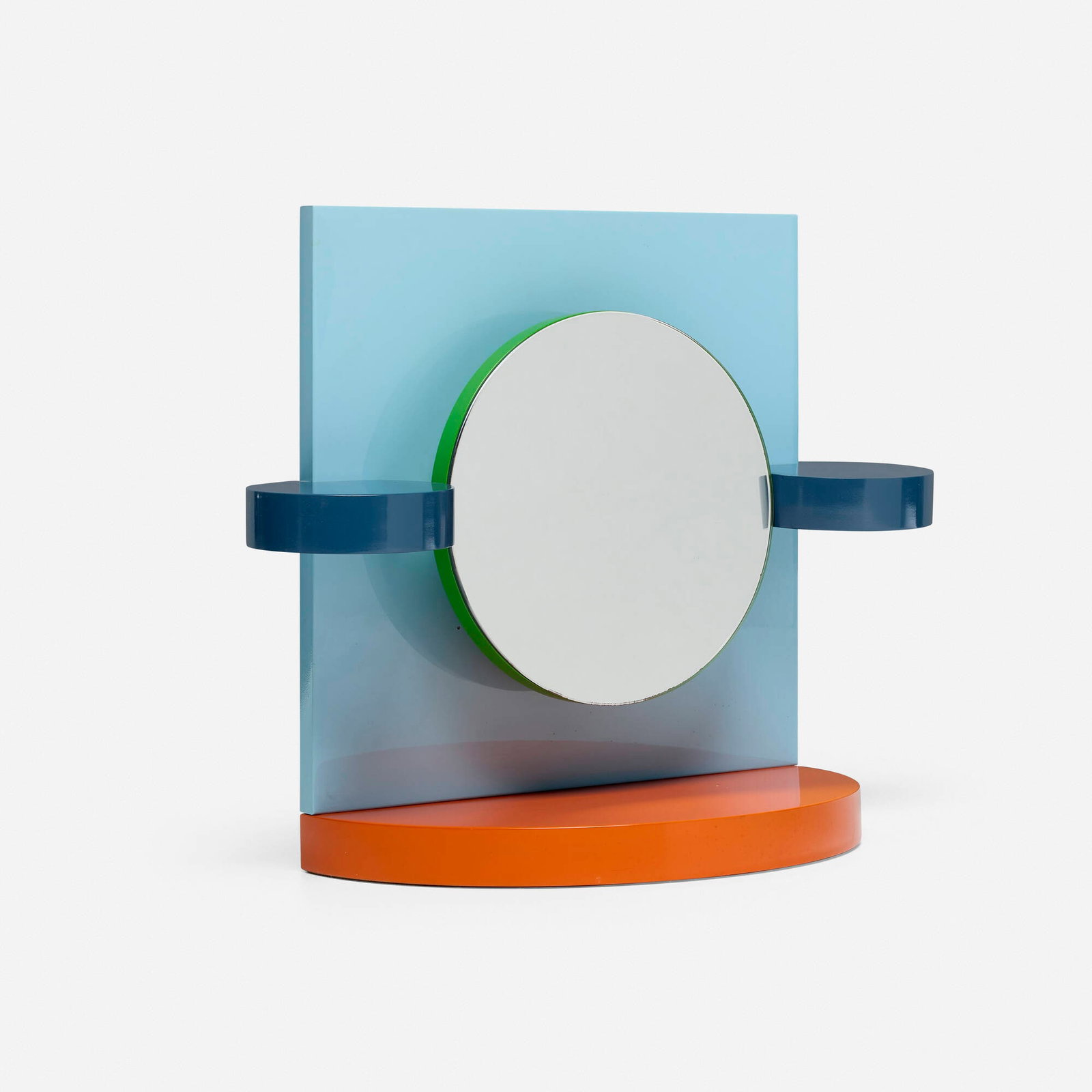 Michele De Lucchi, Dorian mirror: Michele De Lucchi Dorian mirror Memphis Italy, 1985 lacquered wood, mirrored glass 13 h x 12 w x 7 d in (33 x 30 x 18 cm) Metal manufacturer's label to reverse 'Memphis Milano Michele de Lucchi