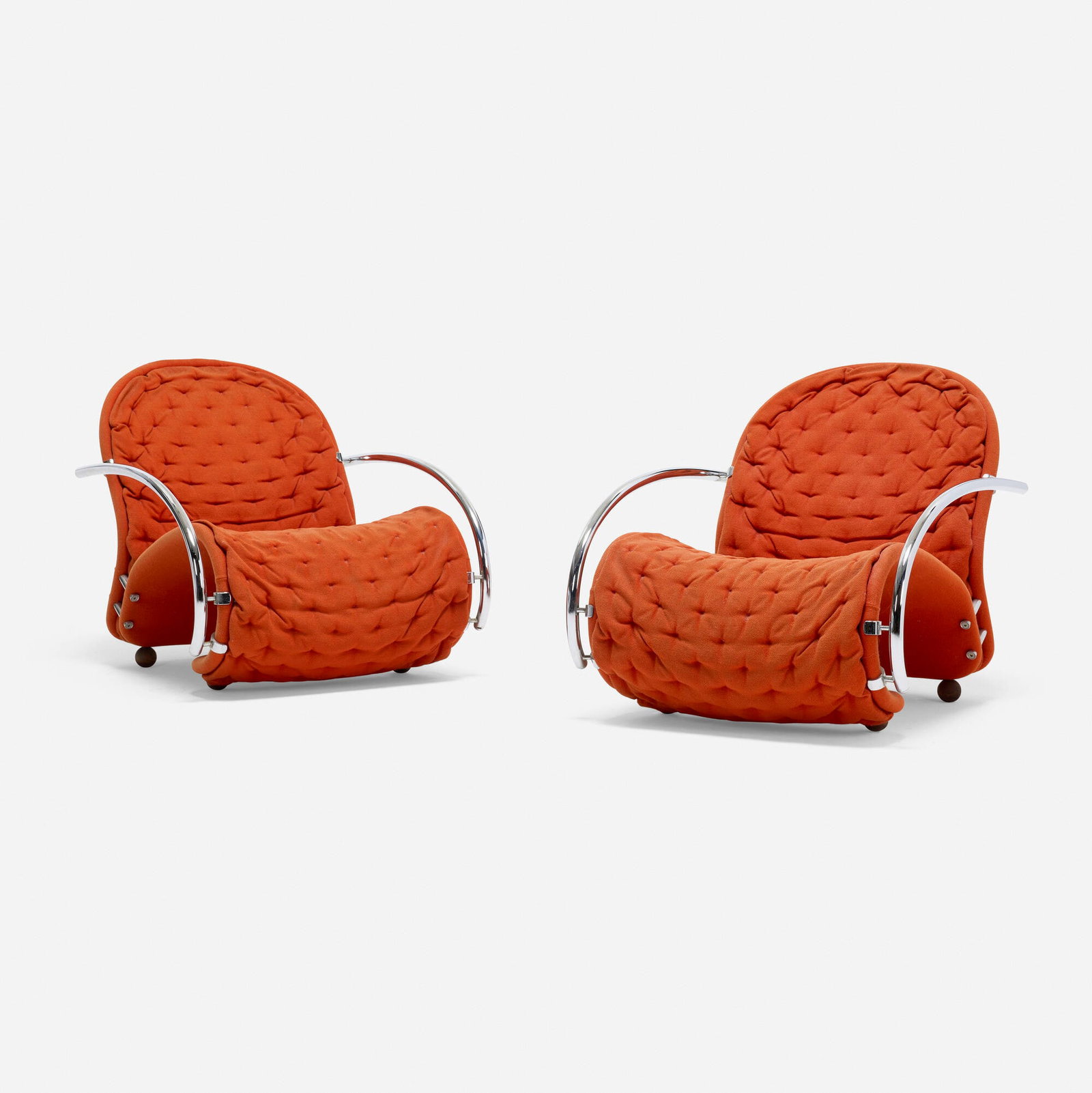 Verner Panton, 1-2-3 System lounge chairs model G, pair: Verner Panton 1-2-3 System lounge chairs model G, pair Fritz Hansen Denmark, 1973 chrome-plated steel, upholstery, stained ash 27.5 h x 27.25 w x 35 d in (70 x 69 x 89 cm) Provenance: Collection of