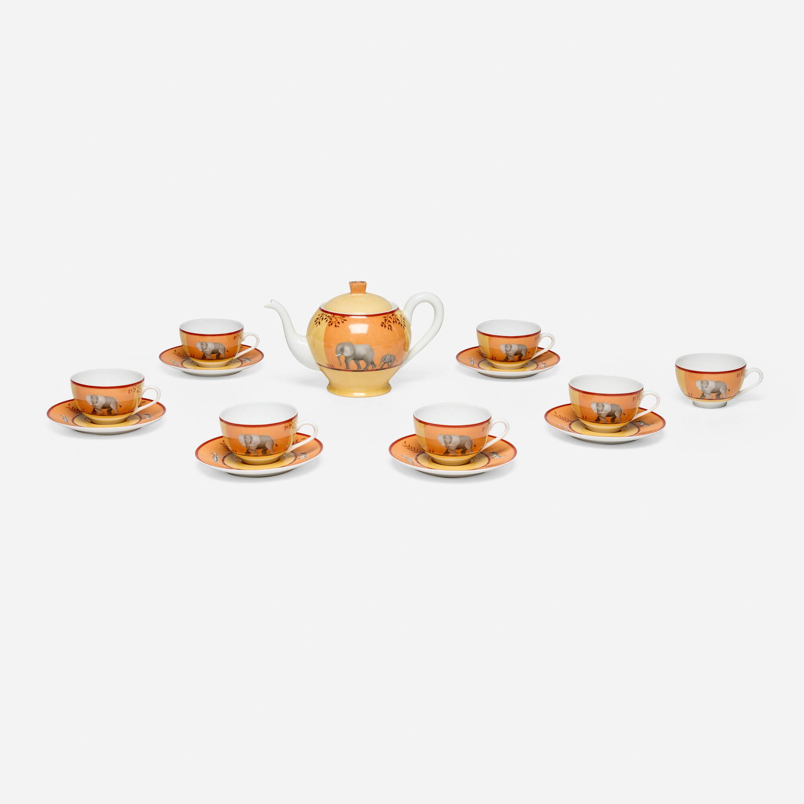 Hermes, Africa tea set: Hermes Africa tea set France, 21st century transfer-printed glazed porcelain tallest: 5.625 h x 9.375 w x 5.5 d in (14 x 24 x 14 cm) shortest: 0.75 h x 5.75 dia in (2 x 15 cm) Lot is comprised of six