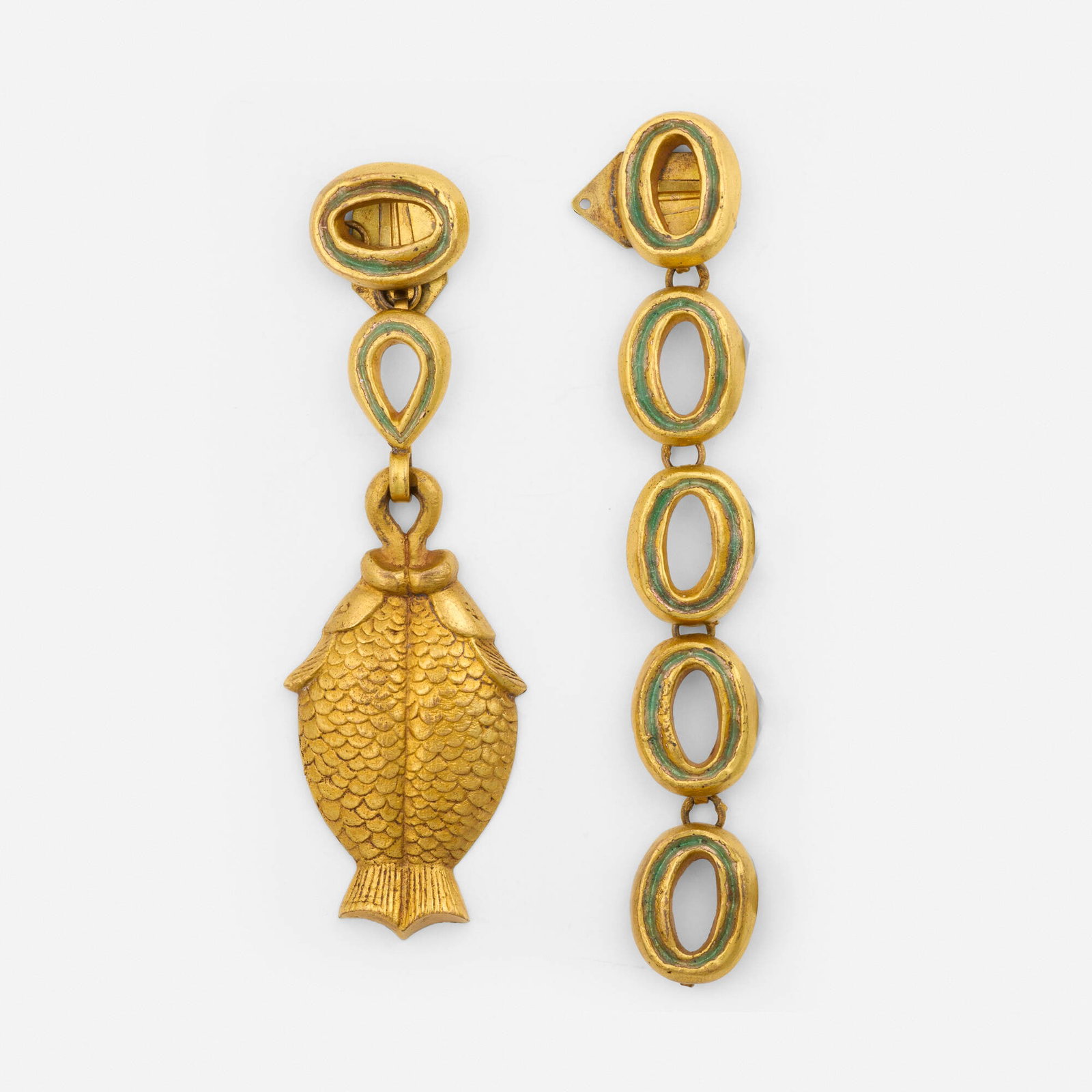 Line Vautrin, Earrings, pair: Line Vautrin Earrings, pair France, c. 1940 enameled gilt bronze 4.625 h x 0.75 w x 0.375 d in (12 x 2 x 1 cm) 4.125 h x 1.375 w x 0.375 d in (10 x 3 x 1 cm) Sold with a forthcoming certificate of