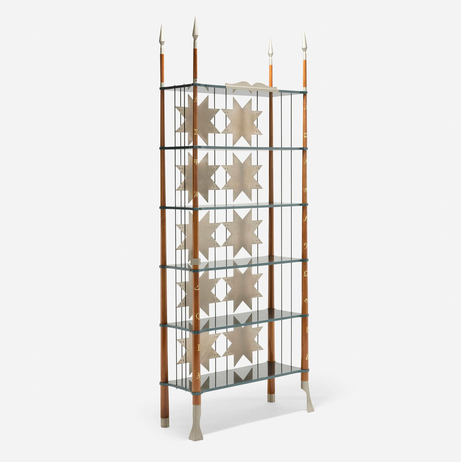 Jeannot Cerutti, Libabel bookcase: Jeannot Cerutti Libabel bookcase Sawaya & Moroni Italy, 1989 walnut, lacquered wood and steel, aluminum, chrome-plated steel, nylon 93 h x 36 w x 14.75 d in (236 x 91 x 37 cm) This work will ship