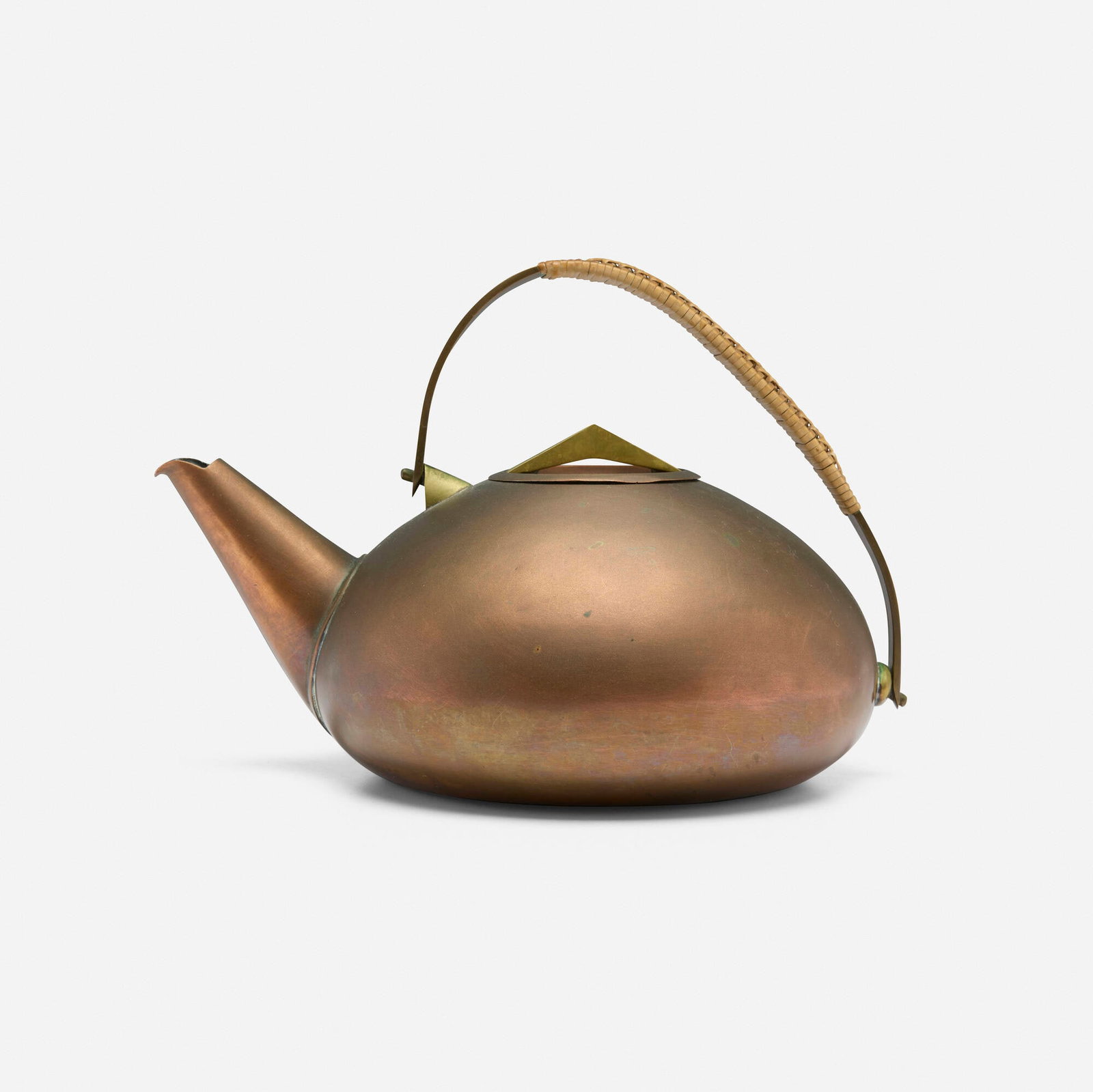 Carl Aubock II, Teapot, model 3879: Carl Aubock II Teapot, model 3879 Werkstatte Carl Aubock Austria, 1950 copper, brass, cane 7 h x 10 w x 7.5 d in (18 x 25 x 19 cm) Impressed manufacturer's mark to handle 'Aubock Made in