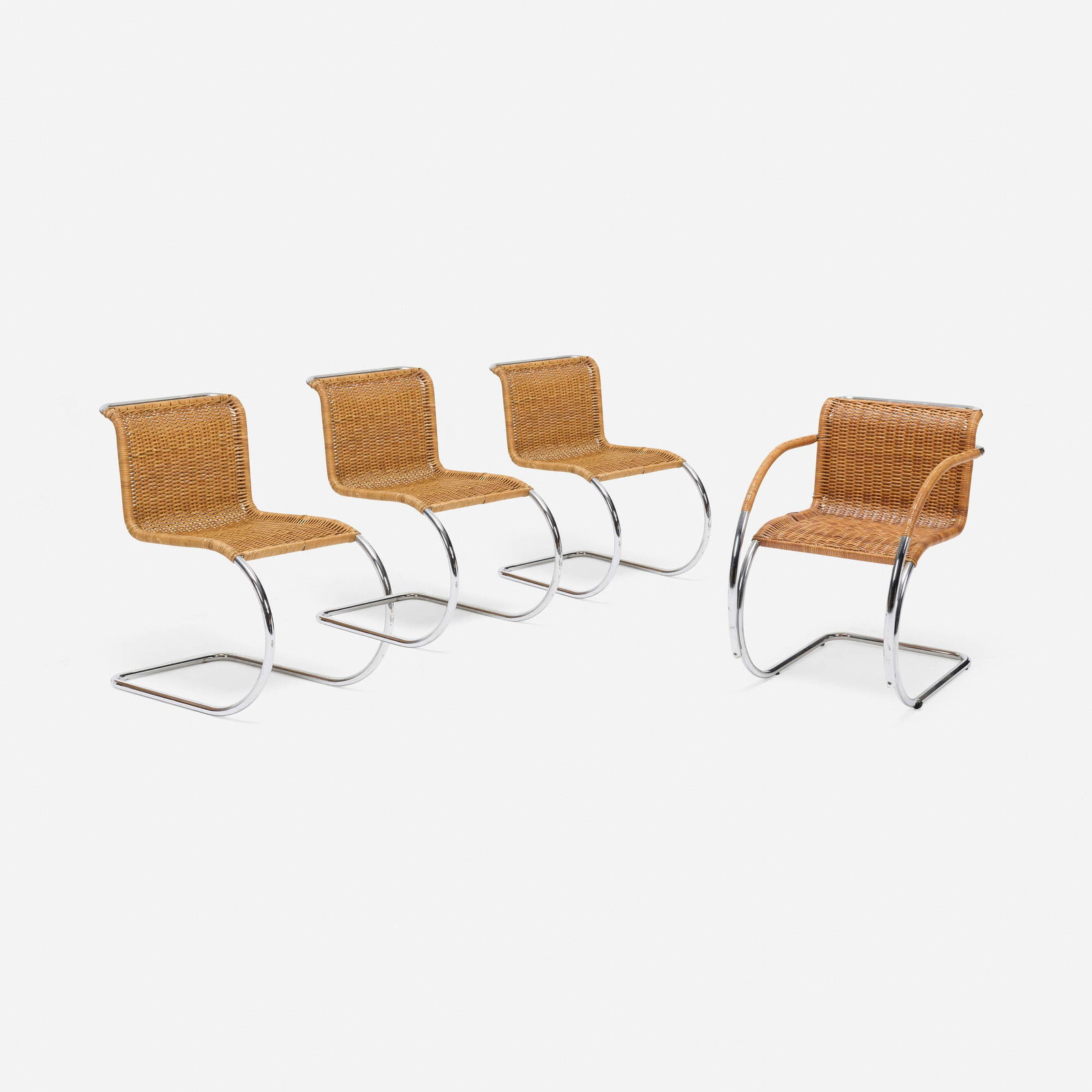 Ludwig Mies van der Rohe, MR20 and MR10 chairs, set of four: Ludwig Mies van der Rohe MR20 and MR10 chairs, set of four Knoll International Germany, 1927 / c. 1980 chrome-plated steel, wicker 30 h x 20.5 w x 29 d in (76 x 52 x 74 cm) 30.5 h x 19 w x 26 d in