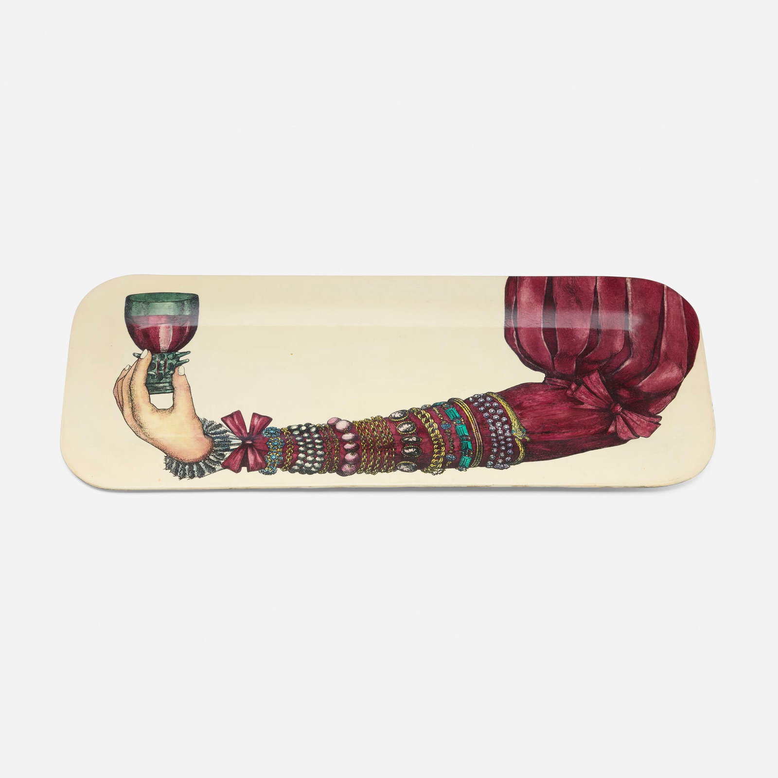 Piero Fornasetti, Braccio ingioiellato tray: Piero Fornasetti Braccio ingioiellato tray Fornasetti Milano Italy, c. 1952 screenprint transfer on enameled metal 0.25 h x 23 w x 10 d in (1 x 58 x 25 cm) Paper manufacturer's label