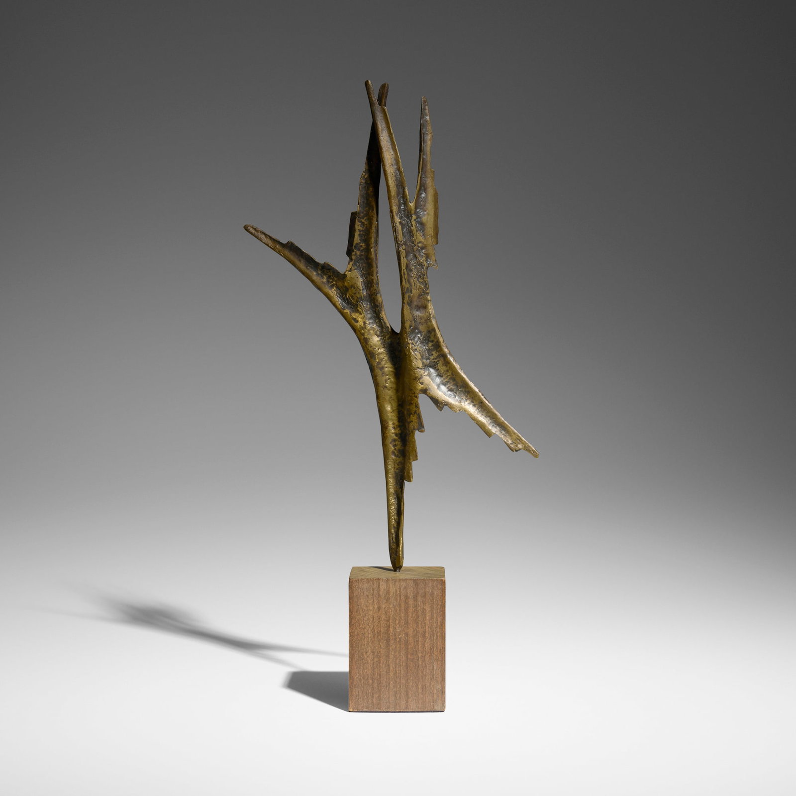 Nino Franchina, Untitled (sculpture): Nino Franchina Untitled (sculpture) 1954 patinated cast bronze, mahogany 17.75 h x 9.25 w x 2.75 d in (45 x 23 x 7 cm) Incised signature, date and number to stem 'Nino Franchina 1954 1/4'. This work