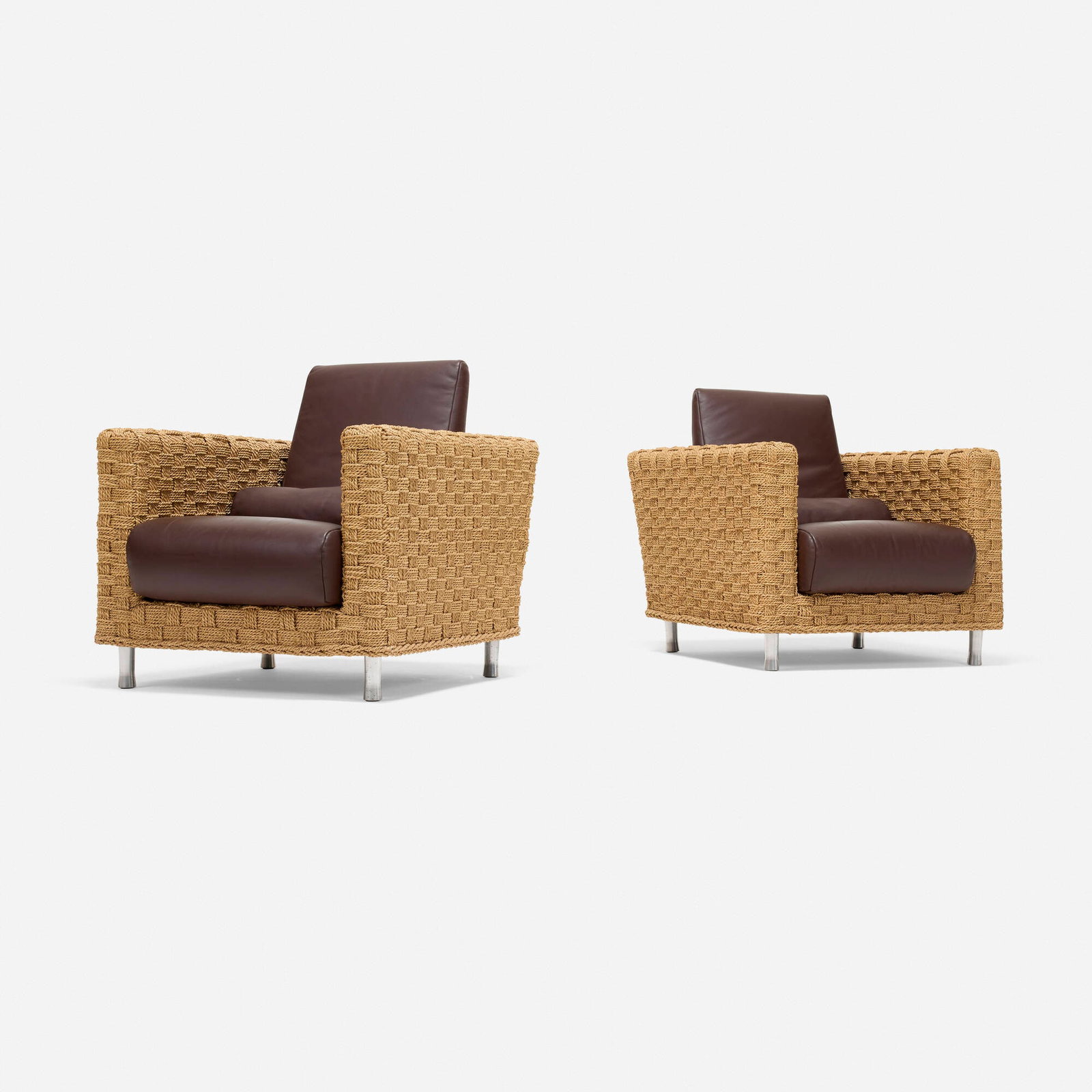Didier Gomez, Wicky lounge chairs, pair: Didier Gomez Wicky lounge chairs, pair Ligne Roset France, c. 1995 rope, leather upholstery, chrome-plated aluminum 32 h x 31 w x 35 d in (81 x 79 x 89 cm) This work will ship from Los Angeles,