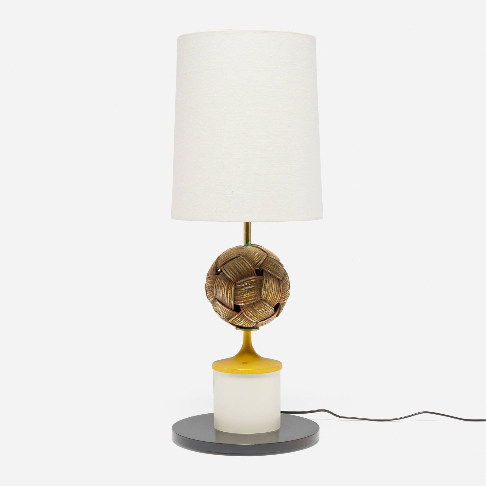 Garry Knox Bennett, STDBA #117: Garry Knox Bennett STDBA #117 USA, 2017 enameled aluminum, brass-plated steel, lacquered MDF 27 h x 9.5 dia in (69 x 24 cm) Lamp features three touch-controlled brightness settings. Pyrography