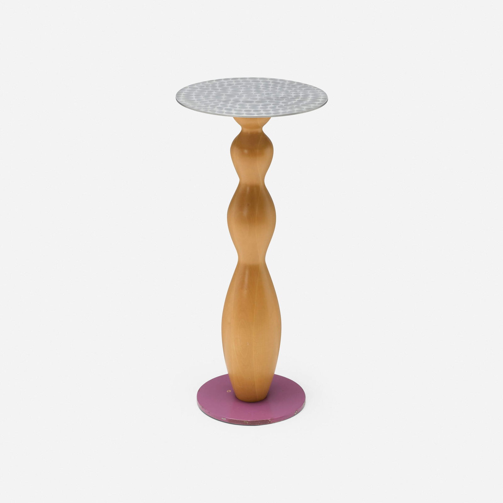 Marco Zanuso, Jr., Cleopatra occasional table: Marco Zanuso, Jr. Cleopatra occasional table Memphis Italy, 1987 stainless steel, laminated maple, enameled brass 28.625 h x 12.75 dia in (73 x 32 cm) Metal manufacturer's label to underside