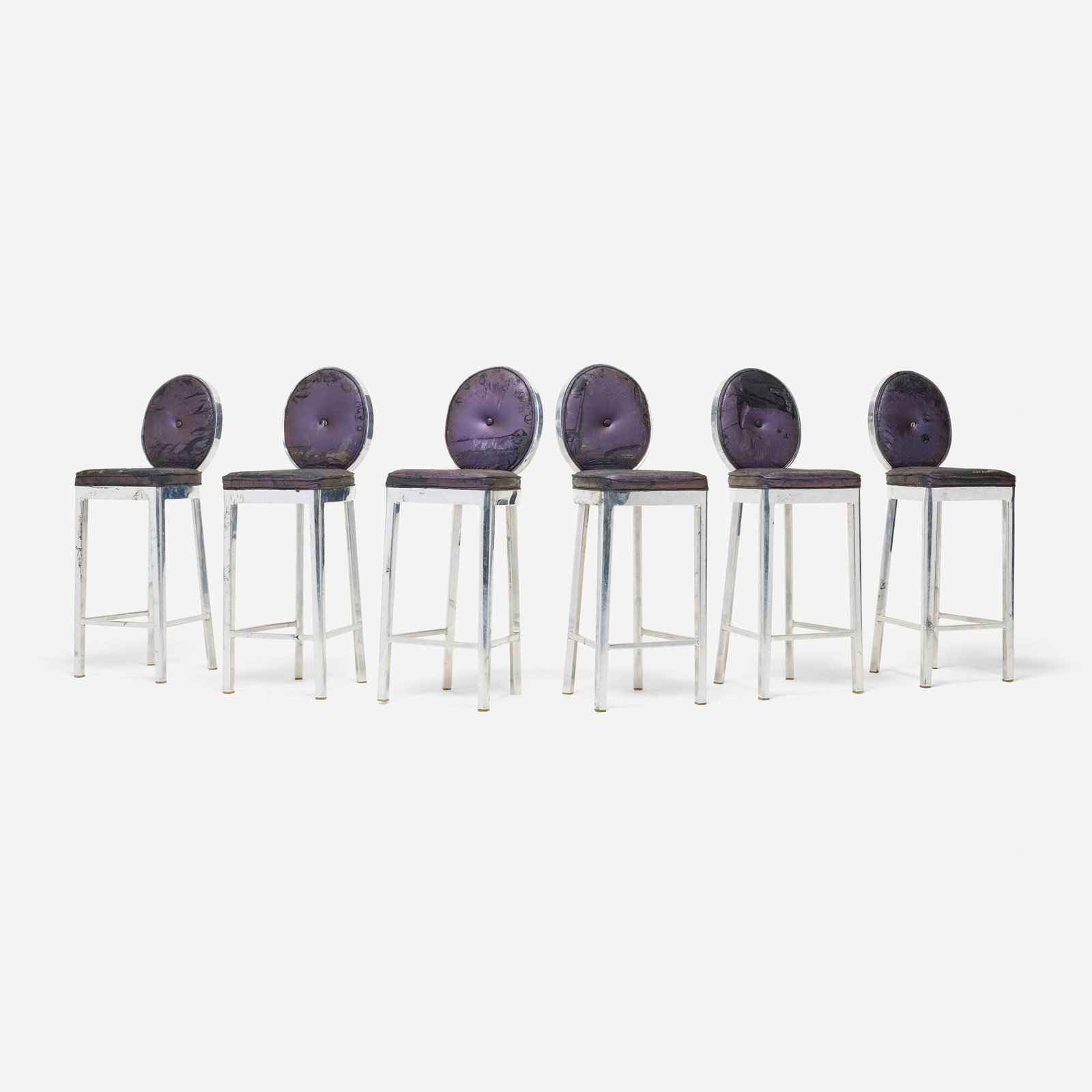 Philippe Starck, Kong barstools, set of six: Philippe Starck Kong barstools, set of six Emeco France, 2003 aluminum, upholstery 43.25 h x 15 w x 15.5 d in (110 x 38 x 39 cm) Impressed metal manufacturer's mark to underside of each example