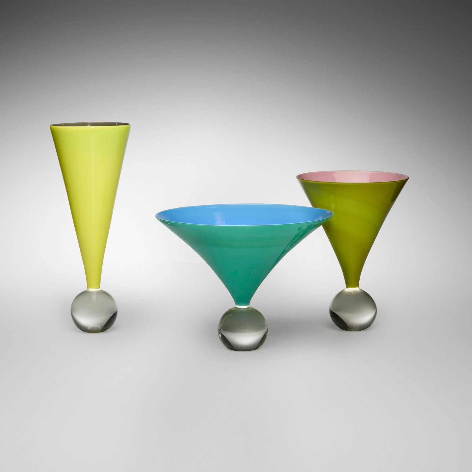 Laura de Santillana, Biro pots, set of three: Laura de Santillana Biro pots, set of three Venini 1984 hand-blown glass 14.125 h x 5.375 dia in (36 x 14 cm) 10.375 h x 7.5 dia in (26 x 19 cm) 8.625 h x 11.25 w x 11 d in (22 x 29 x 28 cm) Etched