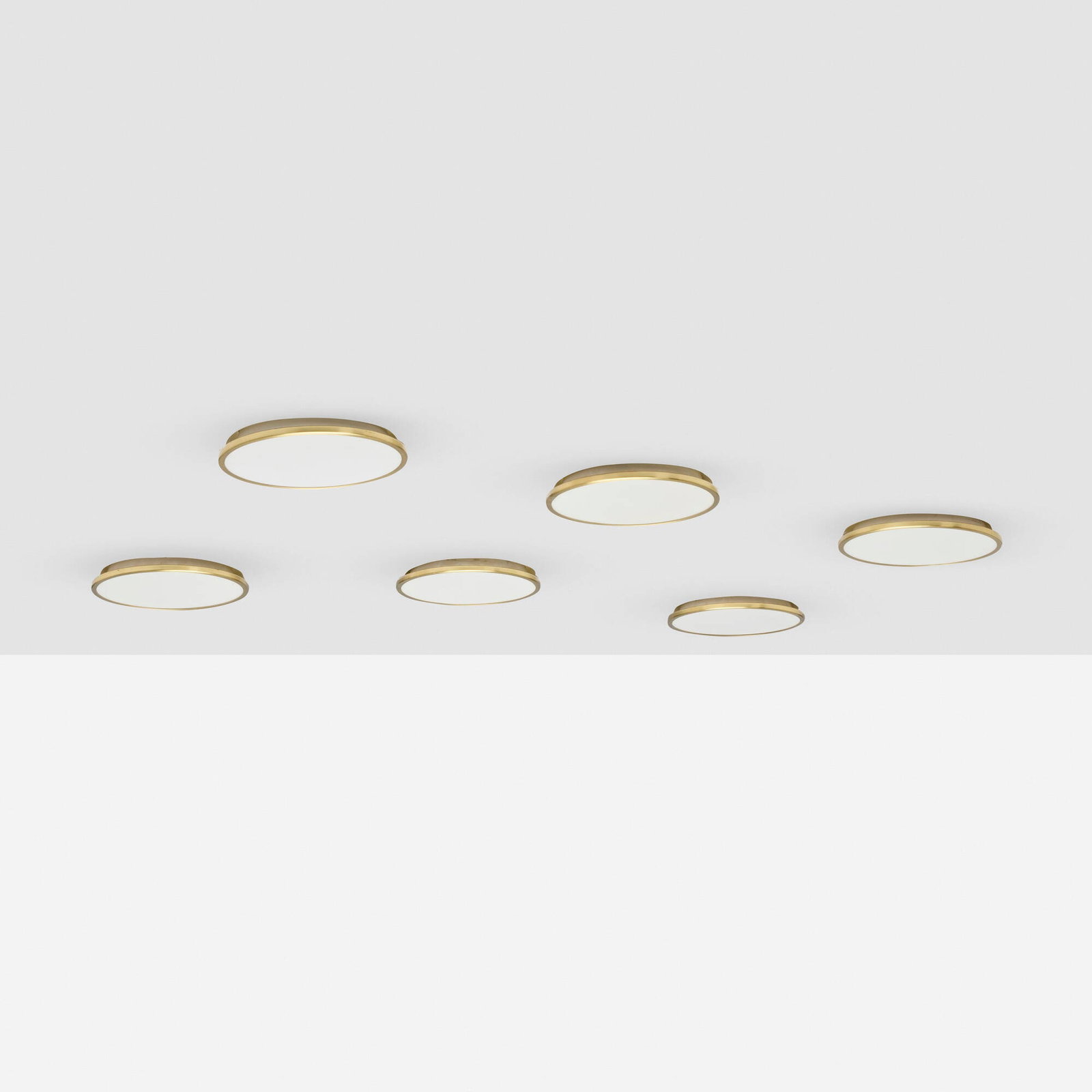 Arne Jacobsen, Munkegard ceiling lamps, set of six: Arne Jacobsen Munkegard ceiling lamps, set of six Louis Poulsen Denmark, 1955 / c. 1990 opaline glass, enameled aluminum, brass-plated copper 5.25 h x 10.5 dia in (13 x 27 cm) Decal manufa