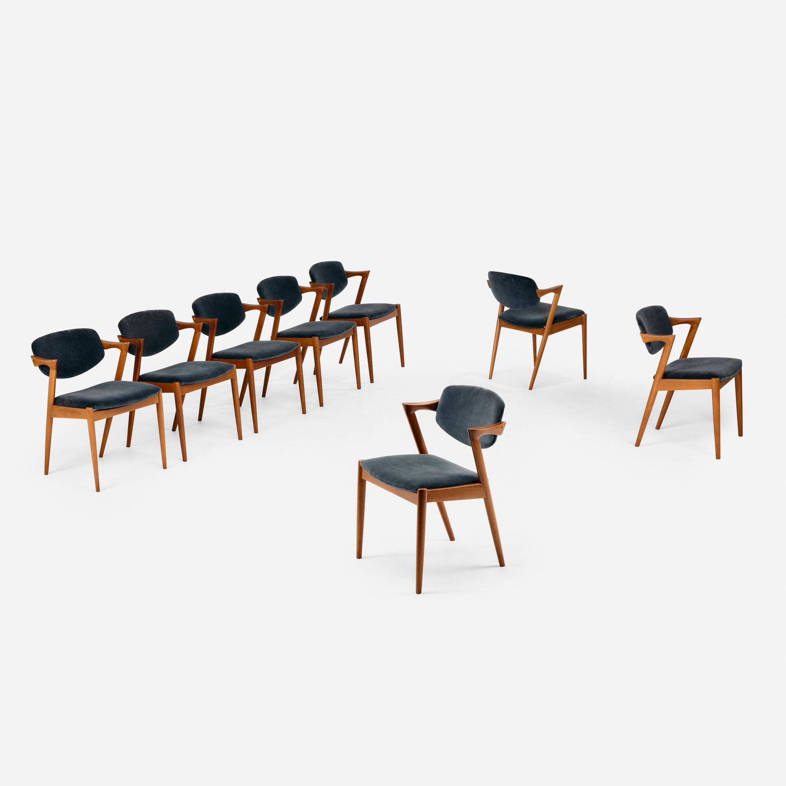 Kai Kristiansen, Armchairs, model 42, set of eight: Kai Kristiansen Armchairs, model 42, set of eight V. Schou Andersen Denmark, c. 1966 sycamore, mahogany, velvet upholstery 29.25 h x 21.75 w x 20 d in (74 x 55 x 51 cm) 29.25 h x 21 w x 20 d in (74 x