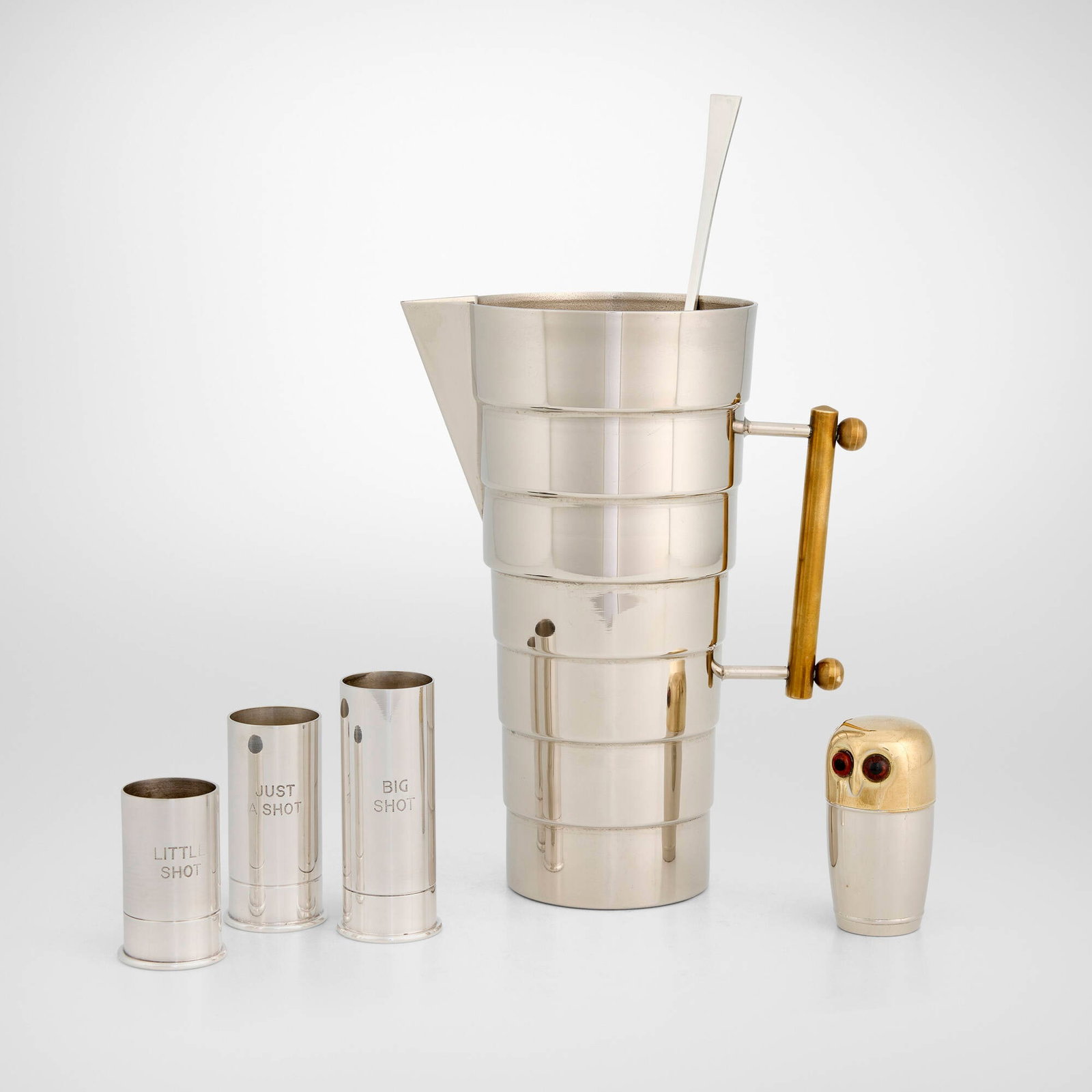 Modern, Collection of bar accessories: Modern Collection of bar accessories c. 1945, c. 1985 silver-plated metal, gilt metal, sterling silver, glass largest: 8.25 h x 6.5 w x 3.875 d in (21 x 17 x 10 cm) smallest: 2.25 h x 1.375 dia in (6