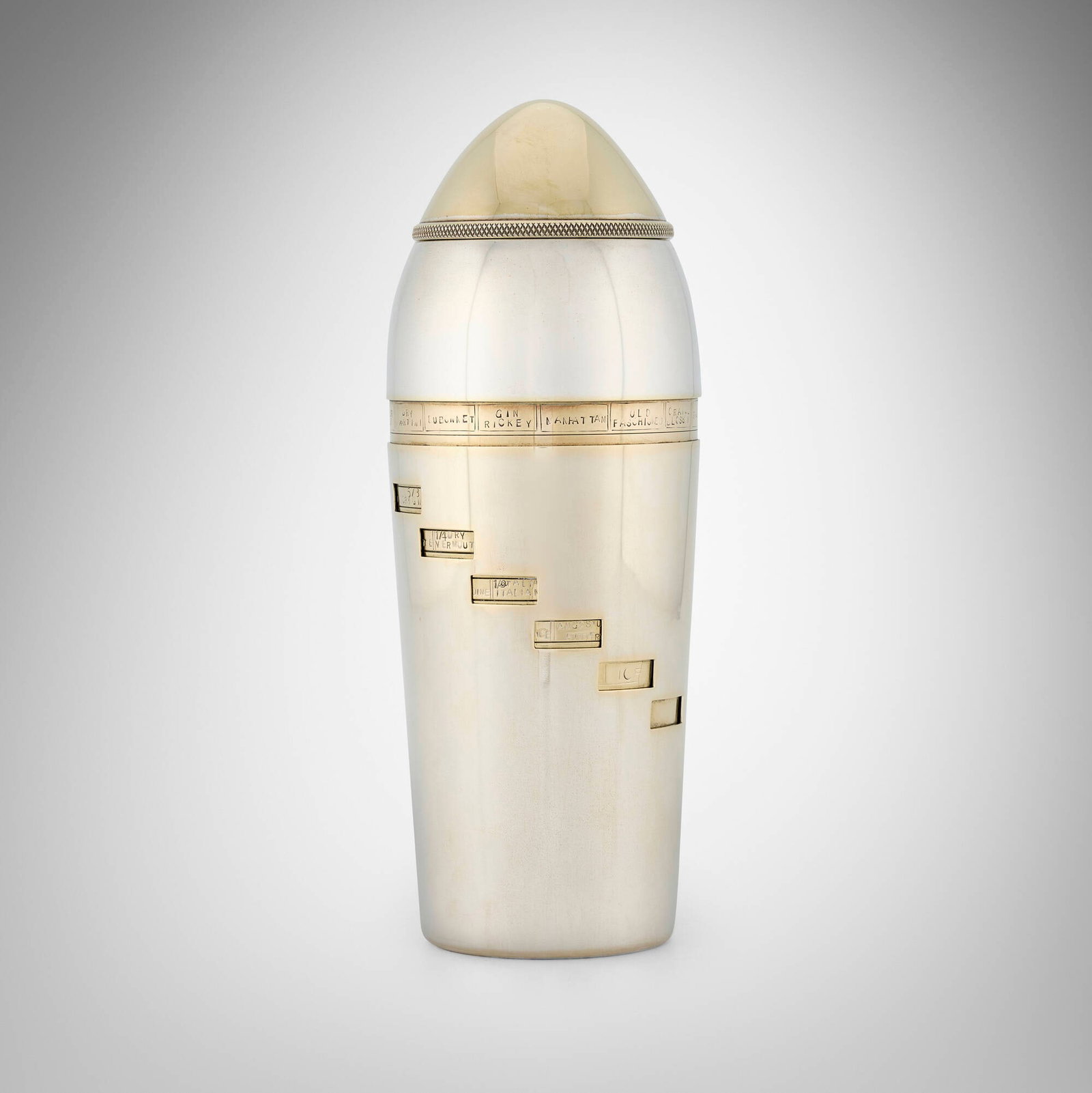 Zappia, Cocktail shaker: Zappia Cocktail shaker Switzerland, c. 1935 silver-plated and parcel-gilt metal 9.625 h x 3.5 dia in (24 x 9 cm) Shaker features engraved recipes for classic cocktails. Impressed mark to unders