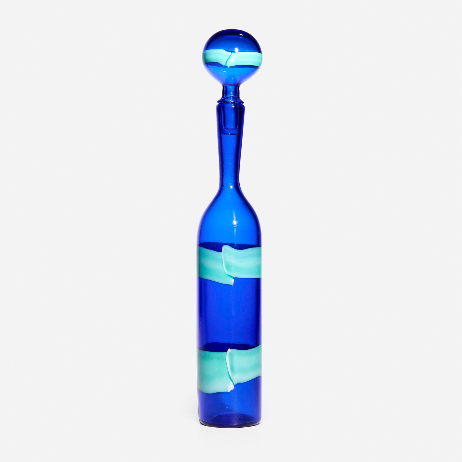 Fulvio Bianconi, A Fasce Orizzontali stoppered bottle, model 526.15: Fulvio Bianconi A Fasce Orizzontali stoppered bottle, model 526.15 Venini Italy, 1952 glass with polychrome bands 18.75 h x 3 dia in (48 x 8 cm) Signed with three-line acid stamp to underside 'Venini