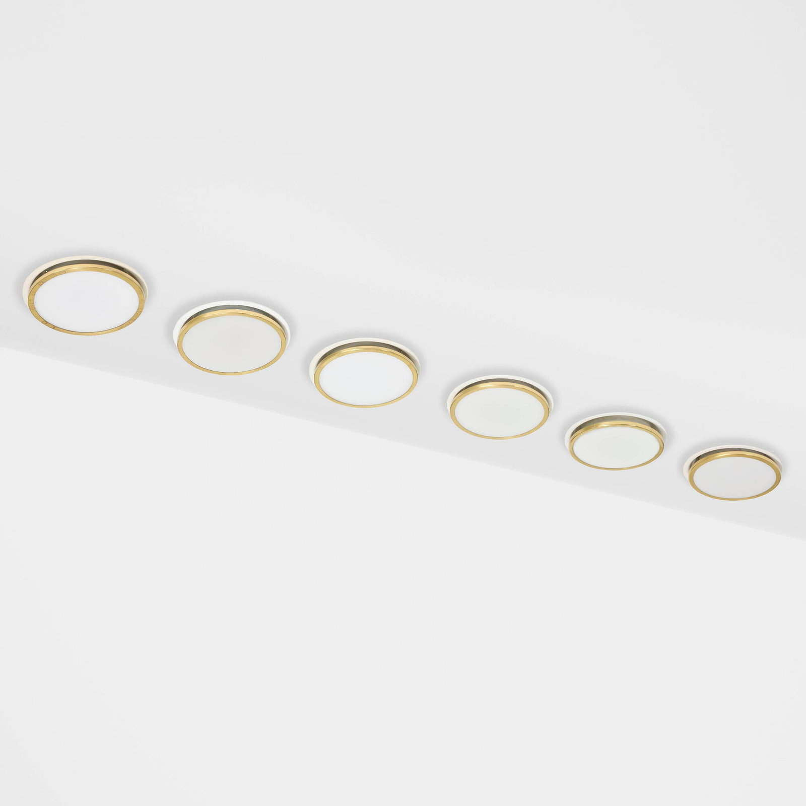 Arne Jacobsen, Munkegard ceiling lamps, set of six: Arne Jacobsen Munkegard ceiling lamps, set of six Louis Poulsen Denmark, 1955 / c. 1975 white glass, brass, lacquered aluminum 5.5 h x 9.75 dia in (14 x 25 cm) Decal manufacturer's label to