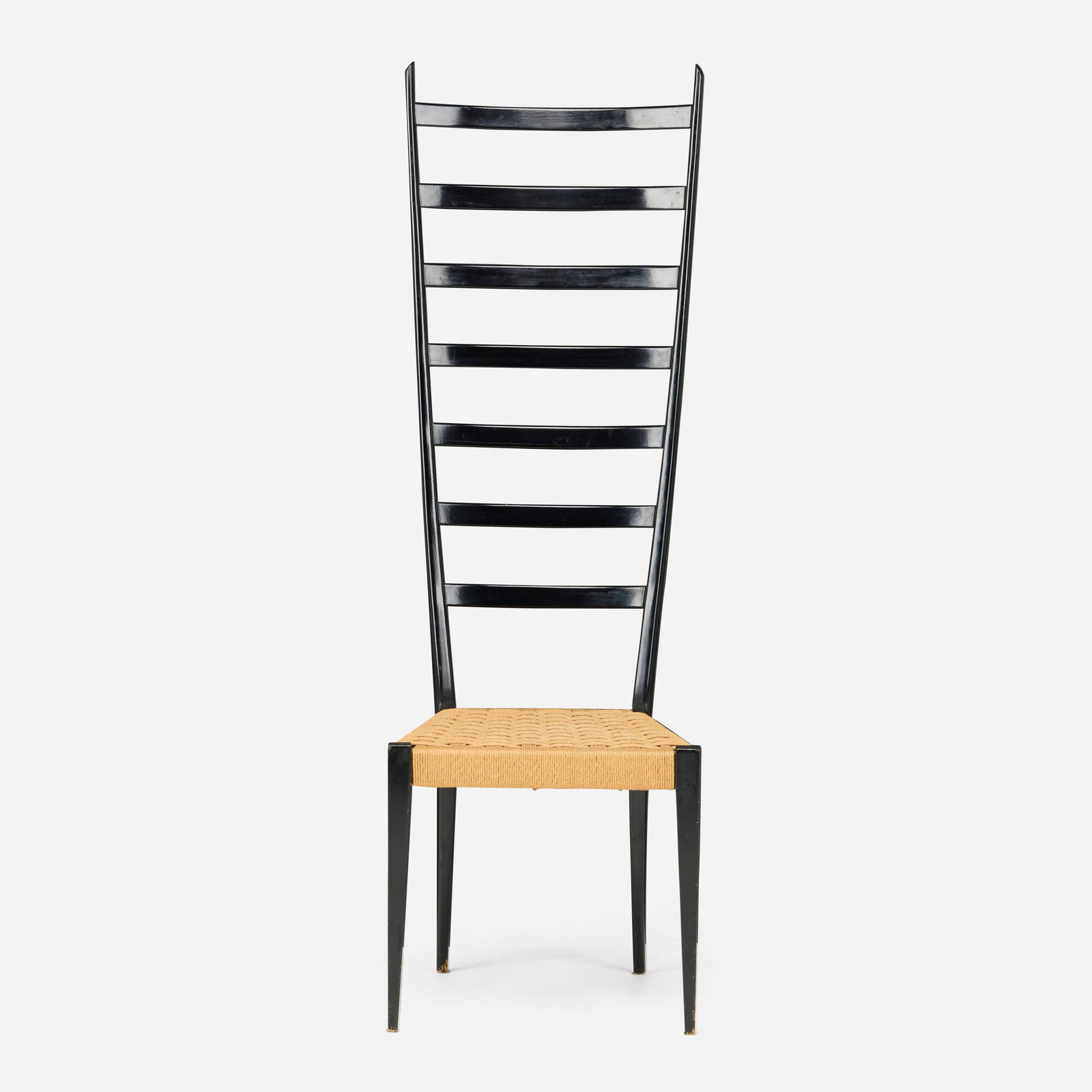 Italian, Ladderback chair: Italian Ladderback chair c. 1965 lacquered wood, woven rush 51.5 h x 16.5 w x 16 d in (131 x 42 x 41 cm) Paper label to reverse 'Made in Italy'. This work will ship from Lambertville, New