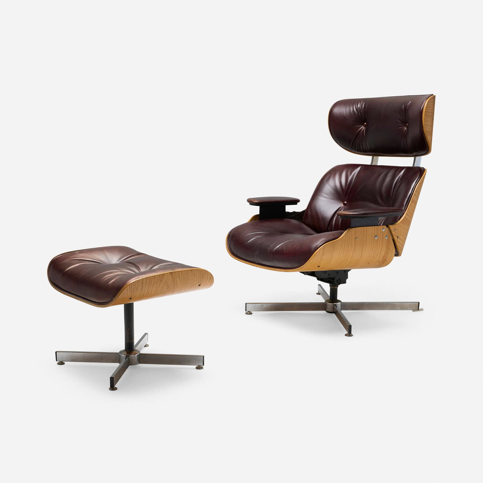 Plycraft, Lounge chair and ottoman: Plycraft Lounge chair and ottoman USA, c. 1985 oak plywood, leather upholstery, chrome-plated steel, plastic chair: 38.5 h x 32 w x 34 d in (98 x 81 x 86 cm) ottoman: 15.75 h x 21.25 w x 16.5 d in