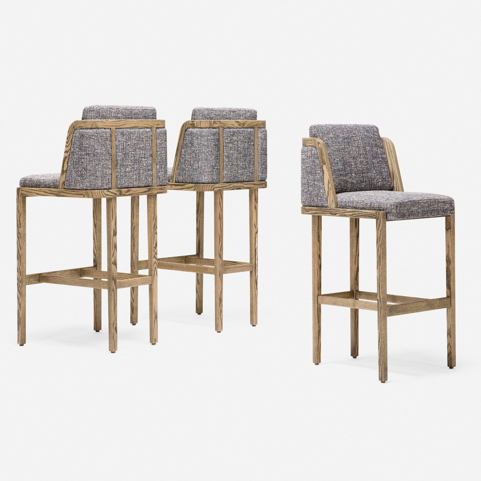 Autoban, Throne bar stools, set of three: Autoban Throne bar stools, set of three De la Espada Turkey / Portugal, 2007 black oiled ash, upholstery 42 h x 19 w x 21 d in (107 x 48 x 53 cm) Metal labels to underside of each example