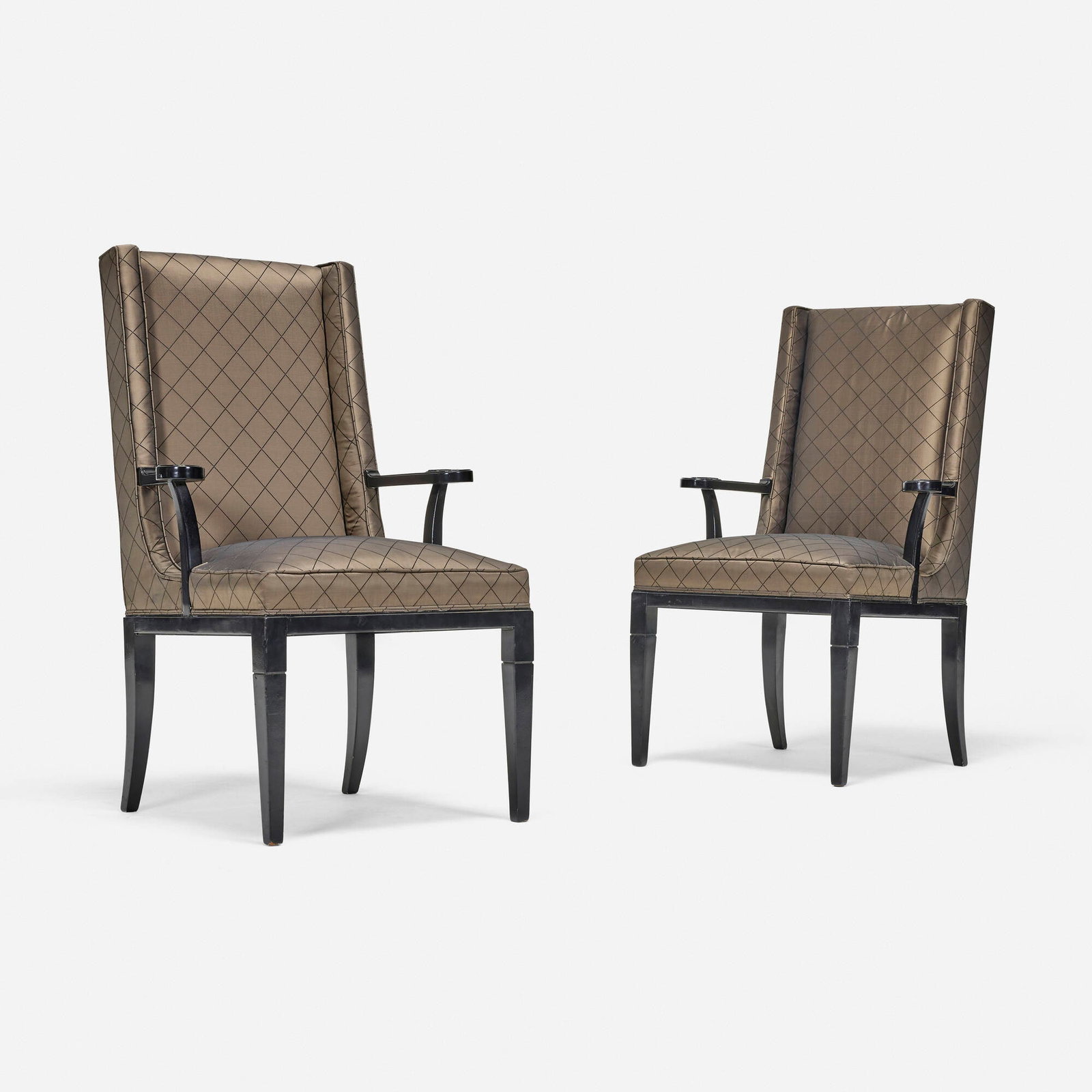Tommi Parzinger, Armchairs, pair: Tommi Parzinger Armchairs, pair USA, c. 1955 upholstery, lacquered wood 41 h x 25.75 w x 22.25 d in (104 x 65 x 57 cm) This work will ship from Los Angeles, California.