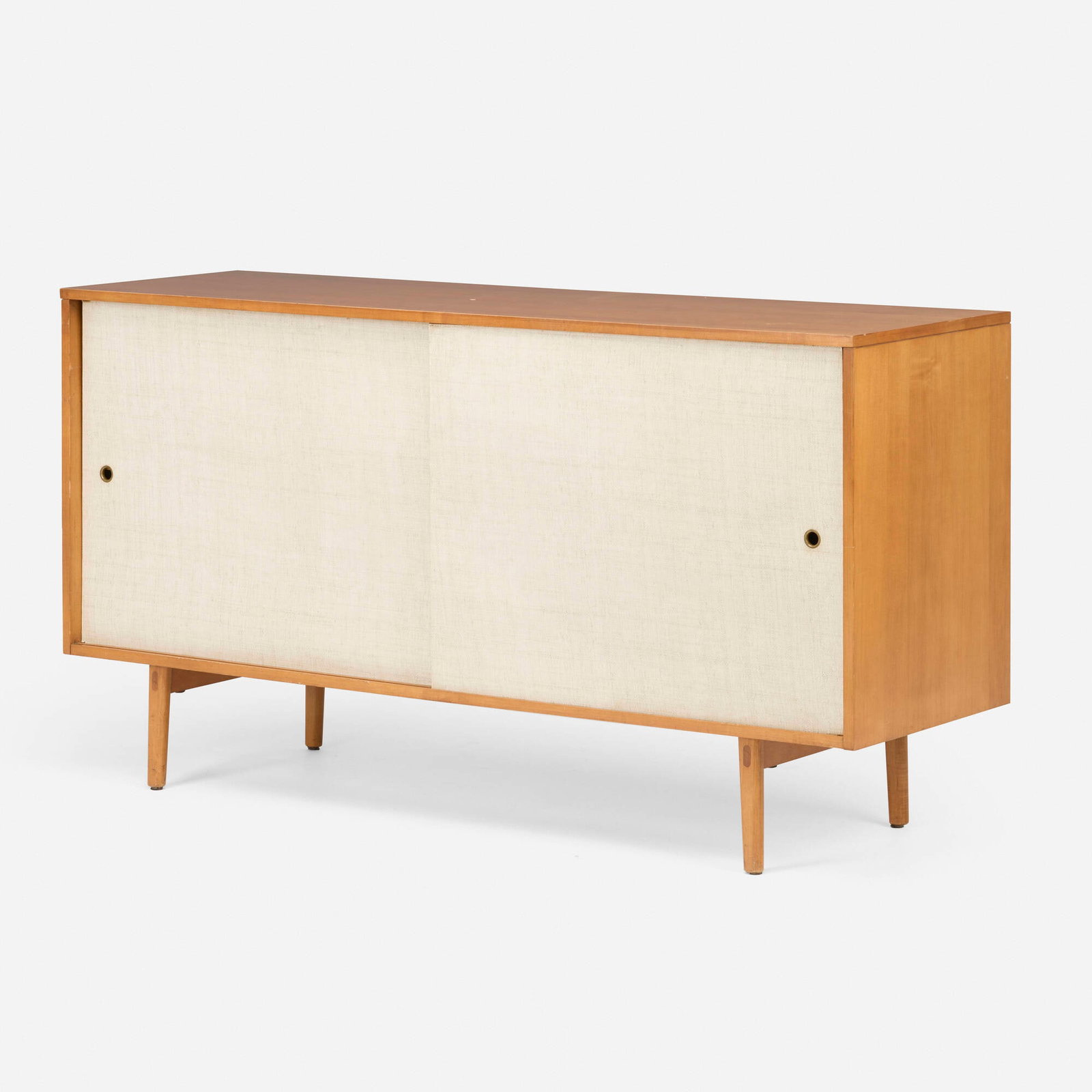 Paul McCobb, Planner Group cabinet, model 1514: Paul McCobb Planner Group cabinet, model 1514 Winchendon USA, c. 1950 maple, grasscloth, aluminum 32 h x 60 w x 18.125 d in (81 x 152 x 46 cm) Cabinet features two sliding doors concealing four