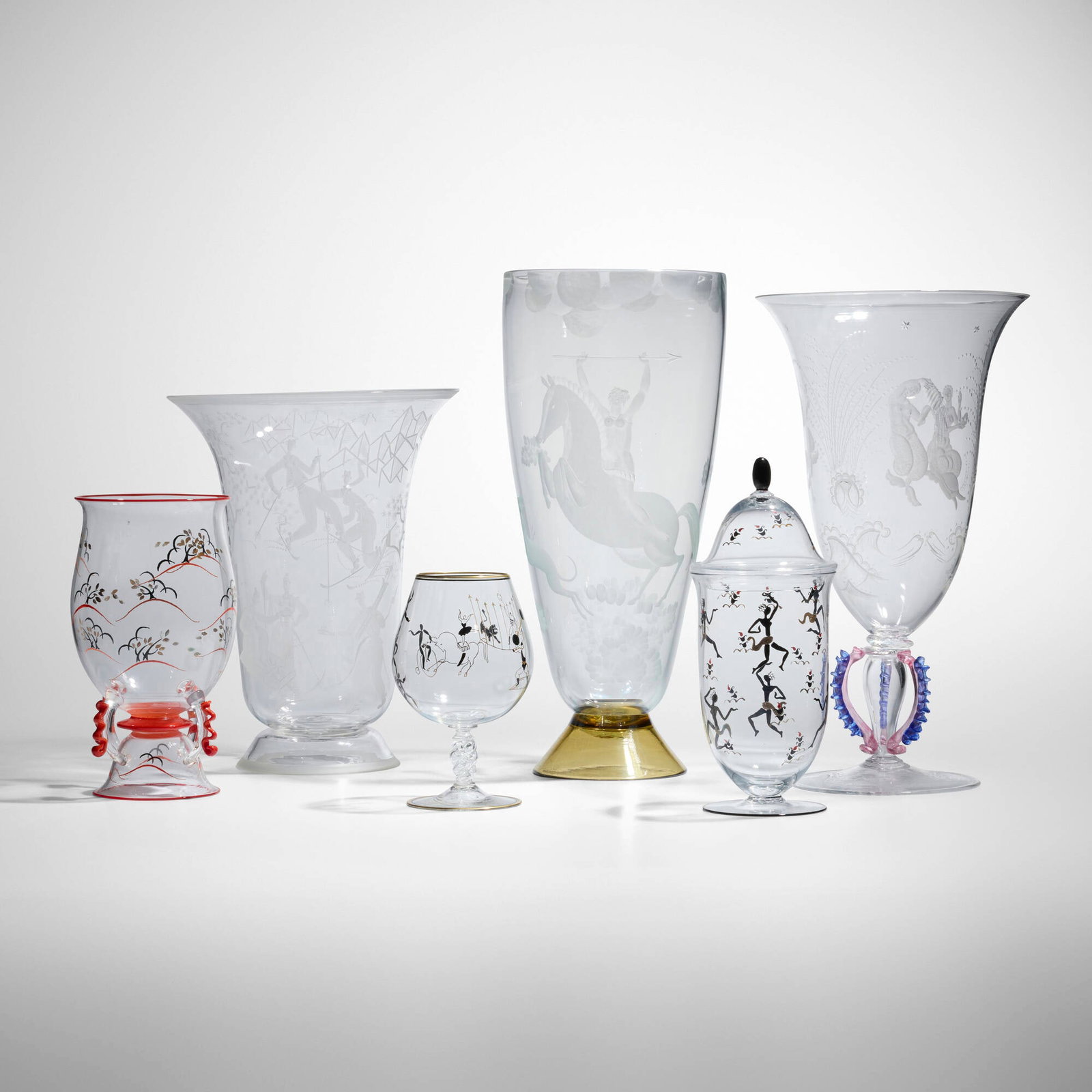 S.A.L.I.R., Collection of five vessels: S.A.L.I.R. Collection of five vessels Italy, c. 1919-1935 etched, frosted, and enameled glass tallest: 16 h x 7 dia in (41 x 18 cm) shortest: 6.75 h x 4.25 dia in (17 x 11 cm) Etched signature to
