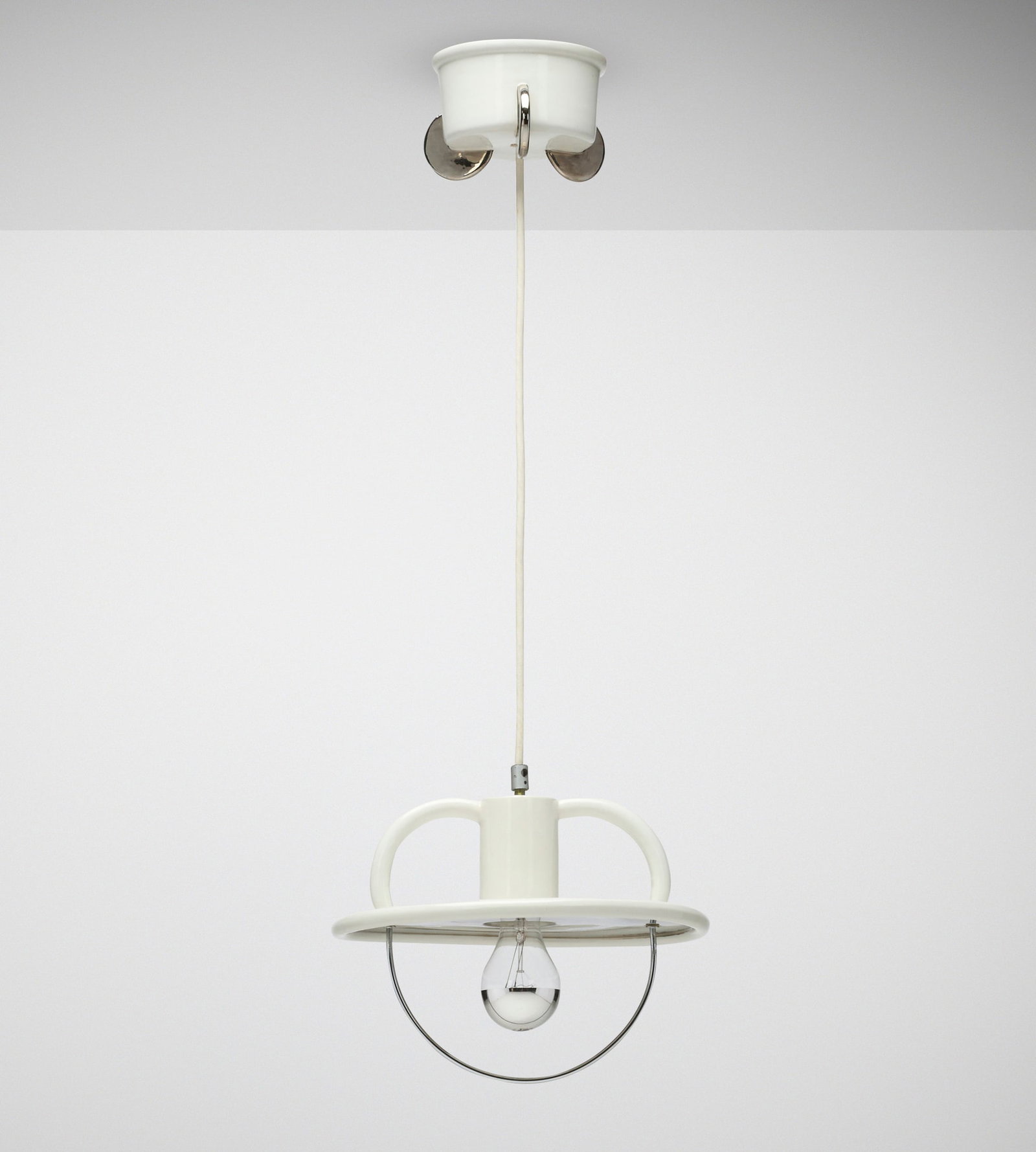 Matteo Thun, Santa Monica ceiling lamp: Matteo Thun Santa Monica ceiling lamp Memphis Italy, 1983 glazed porcelain, chrome-plated brass 32 h x 12 dia in (81 x 30 cm) Literature: Memphis Milano, manufacturer's catalog, 1986, pg. 49