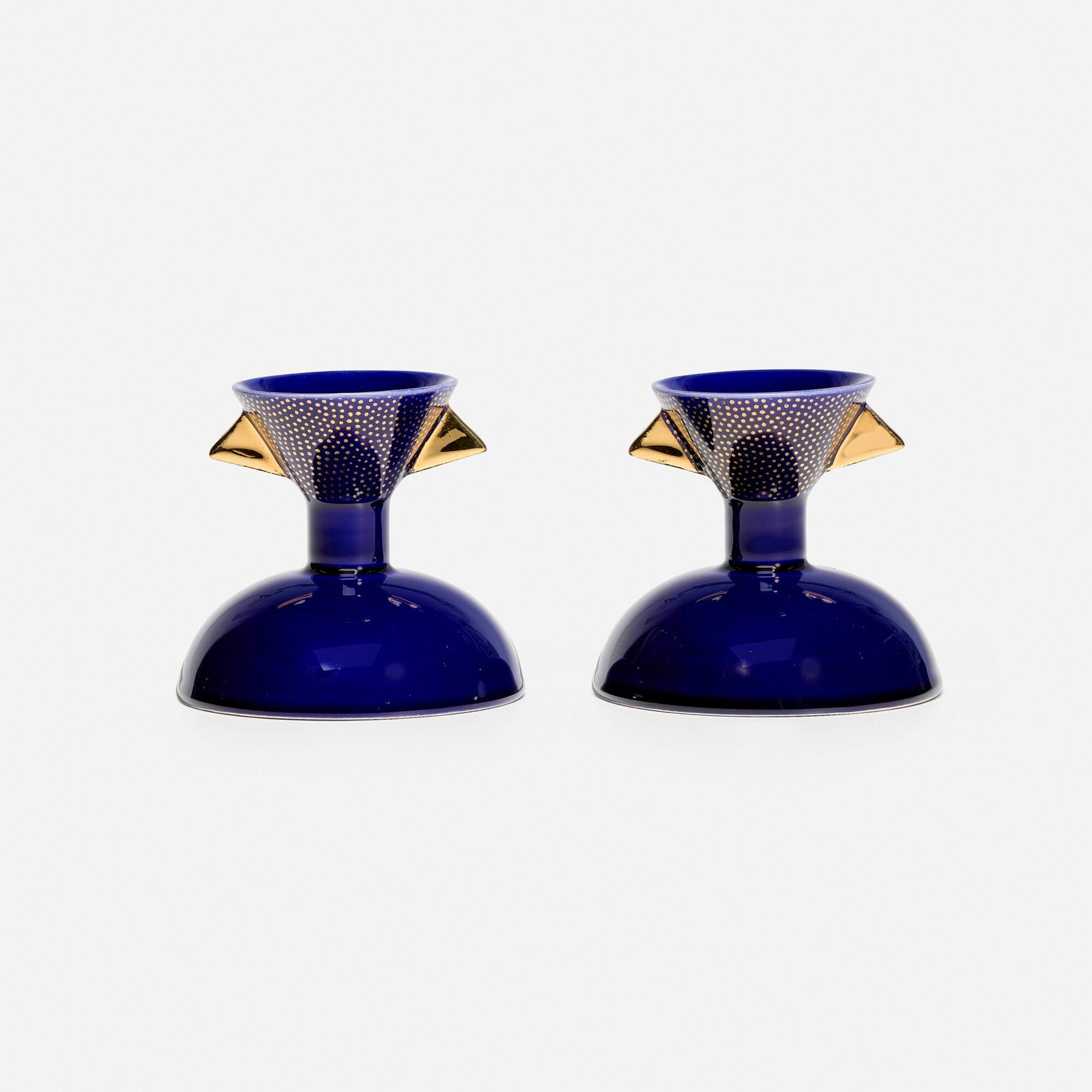 Matteo Thun, Nefertiti egg cups, pair: Matteo Thun Nefertiti egg cups, pair Memphis Italy, 1981 glazed porcelain 3.25 h x 3.5 dia in (8 x 9 cm) Printed manufacturer's mark to underside 'M. Thun per Memphis Made in Italy'. This work