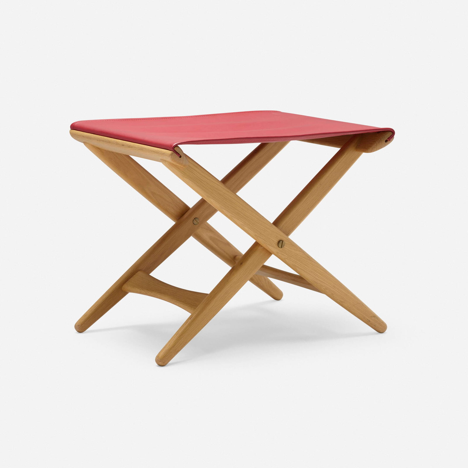 Uno and Osten Kristiansson, Folding stool: Uno and Osten Kristiansson Folding stool Luxus Vittsjo Sweden, c. 1970 oak, leather, brass 16.6 h x 20 w x 14.25 d in (42 x 51 x 36 cm) Paper manufacturer's label to leg 'Made in Sweden by Luxus