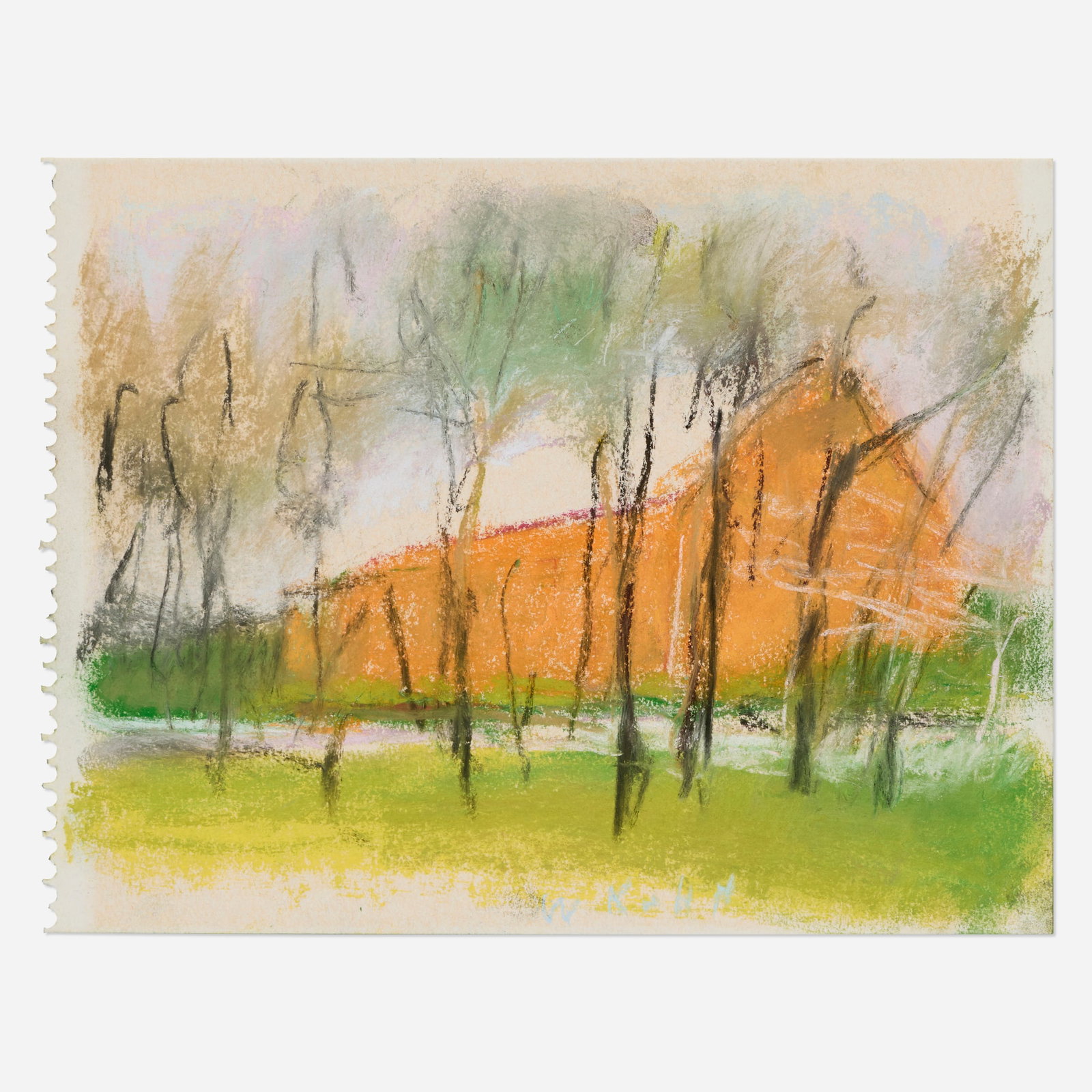 Wolf Kahn, Orange Light on a Barn: Wolf Kahn Orange Light on a Barn 2009 oil stick on paper 8 h x 10.5 w in (20 x 27 cm) Signed to lower edge 'W Kahn'. Provenance: Morrison Gallery, Kent, CT | Acquired from the previous in