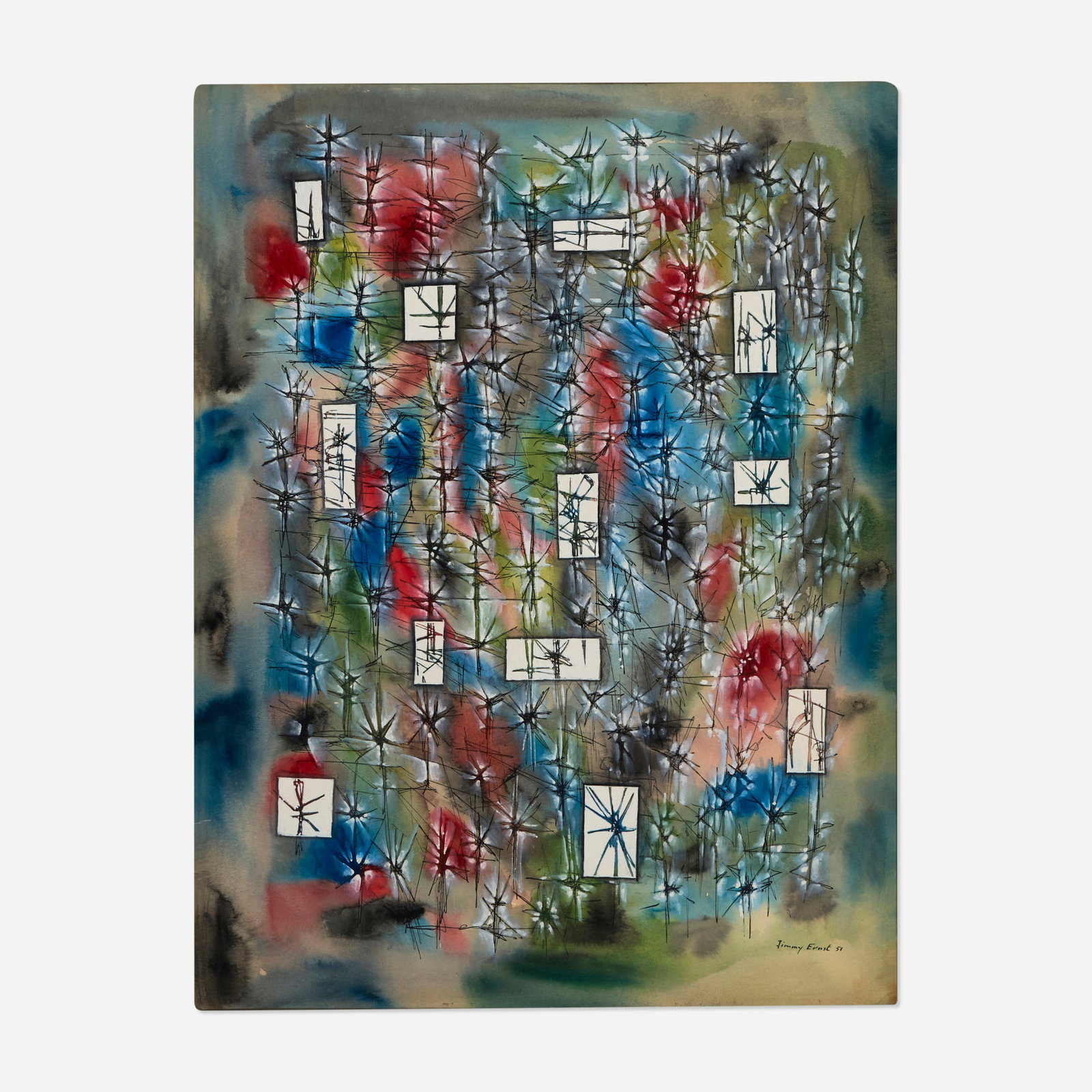 Jimmy Ernst, Underbrush: Jimmy Ernst Underbrush 1951 gouache and ink on paper sight: 18.75 h x 14.25 w in (48 x 36 cm) Signed and dated to lower right 'Jimmy Ernst 51'. Provenance: Grace Borgenicht Gallery, New