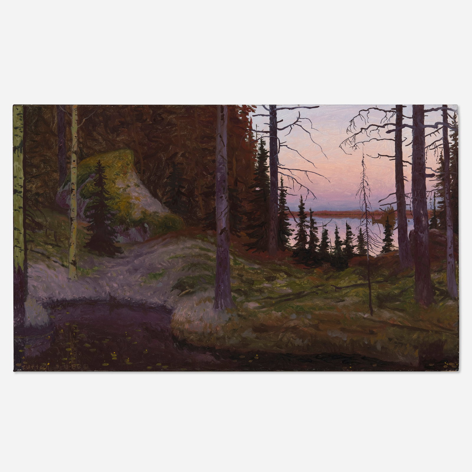 Tom Uttech, Opimicon Bay: Tom Uttech Opimicon Bay 1988 oil on canvas 18 h x 29.875 w in (46 x 76 cm) Signed and dated to lower left 'T. Uttech 3.18.88 ?'. Signed, titled, dated and inscribed to verso '#377 Opimicon Bay