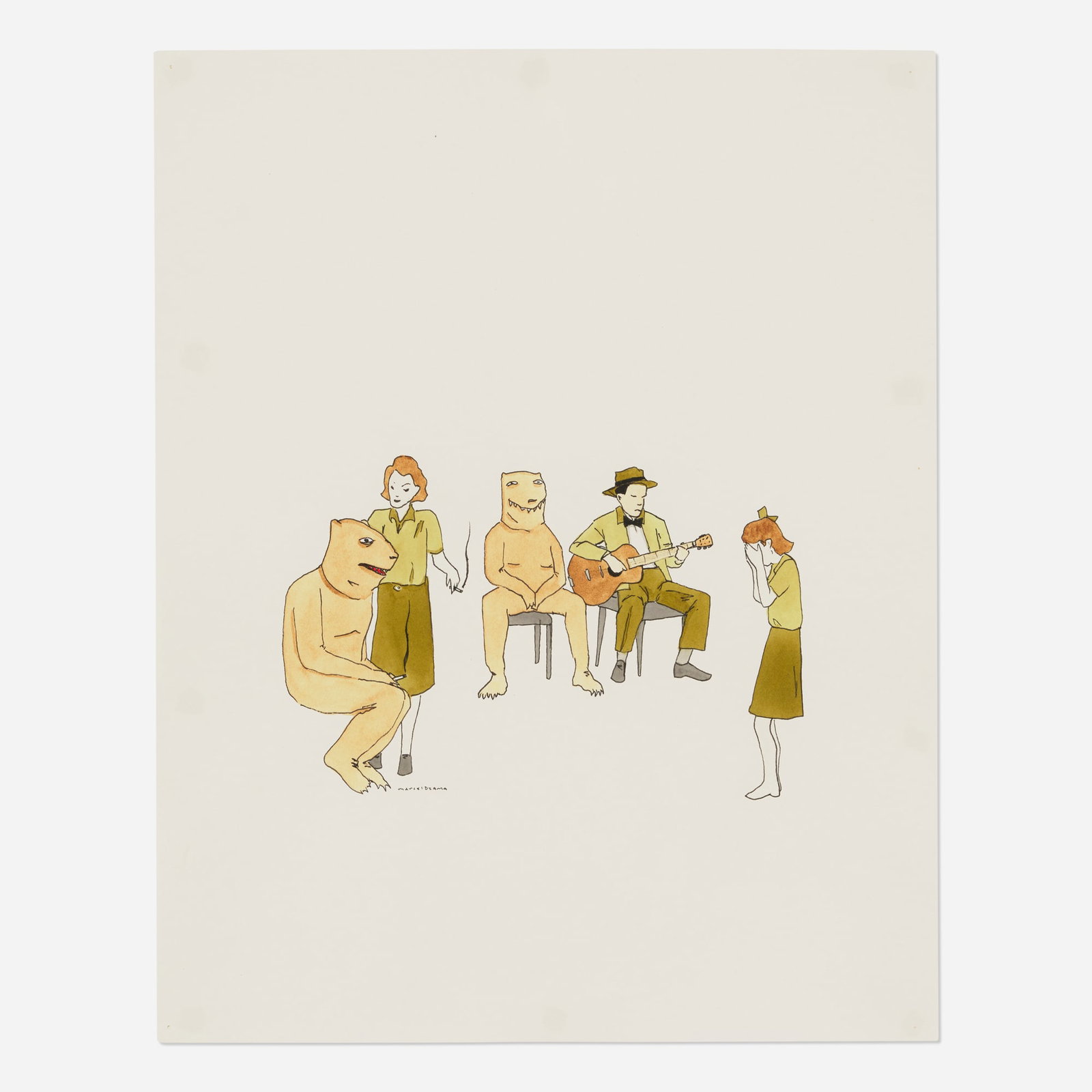 Marcel Dzama, Untitled: Marcel Dzama Untitled c. 2003 ink and watercolor on paper 13.875 h x 10.875 w in (35 x 28 cm) Signed to lower left 'Marcel Dzama'. This work will ship from Chicago