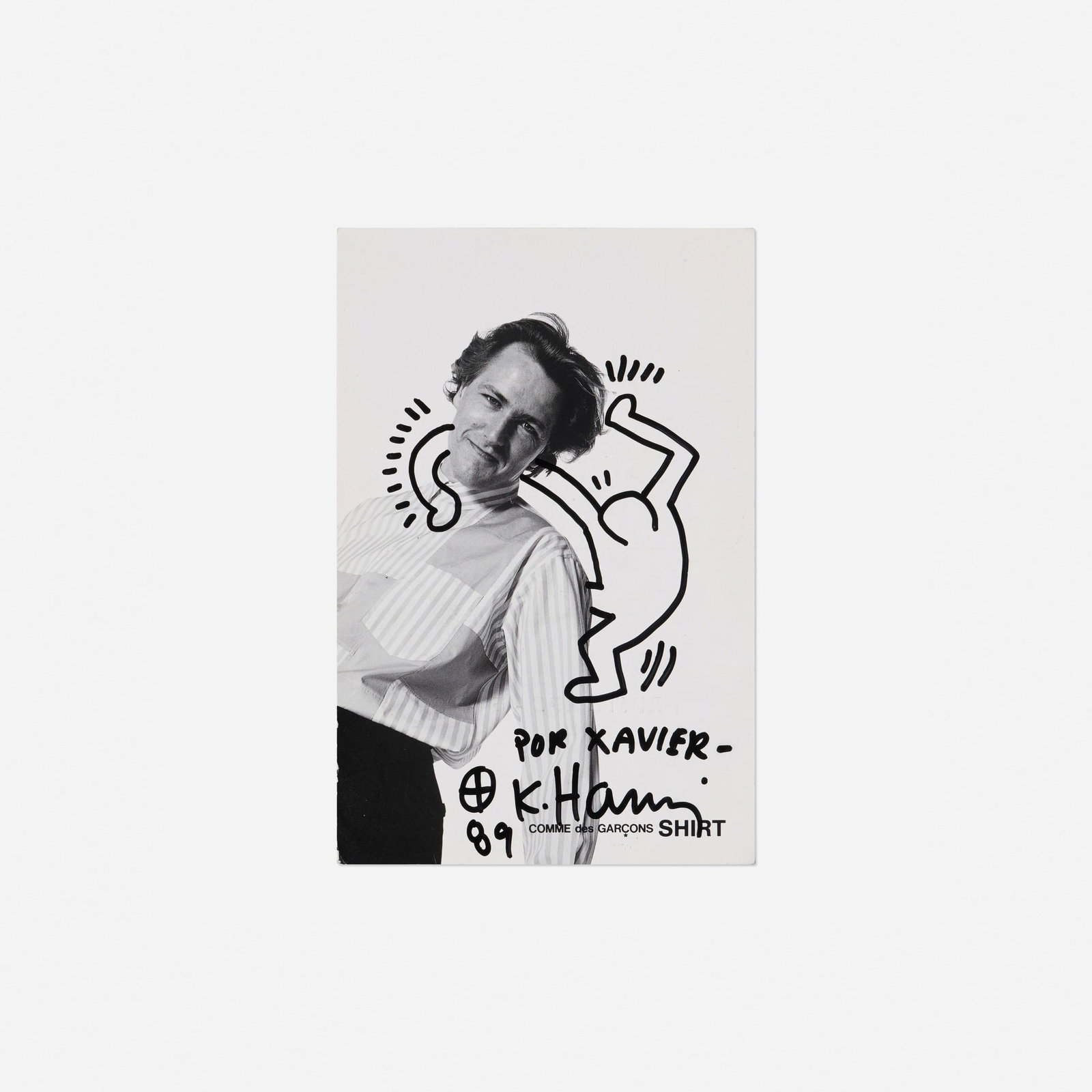 Keith Haring, Comme des Garcons 1994 Spring/Summer Campaign Postcard: Keith Haring Comme des Garcons 1994 Spring/Summer Campaign Postcard 1989 offset lithograph and ink on paper 8.125 h x 5.375 w in (21 x 14 cm) Signed, dated and inscribed to lower right 'Por Xavier -