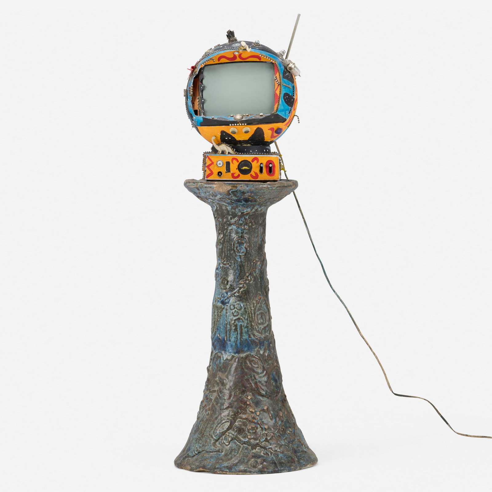 Kenny Scharf and Cindy Sherman, Untitled: Kenny Scharf and Cindy Sherman Untitled painted found object collage on Yokohama TV/Radio and ceramic pedestal 44.25 h x 15 w x 15 d in (112 x 38 x 38 cm) Kenny Scharf originally gifted the televisi
