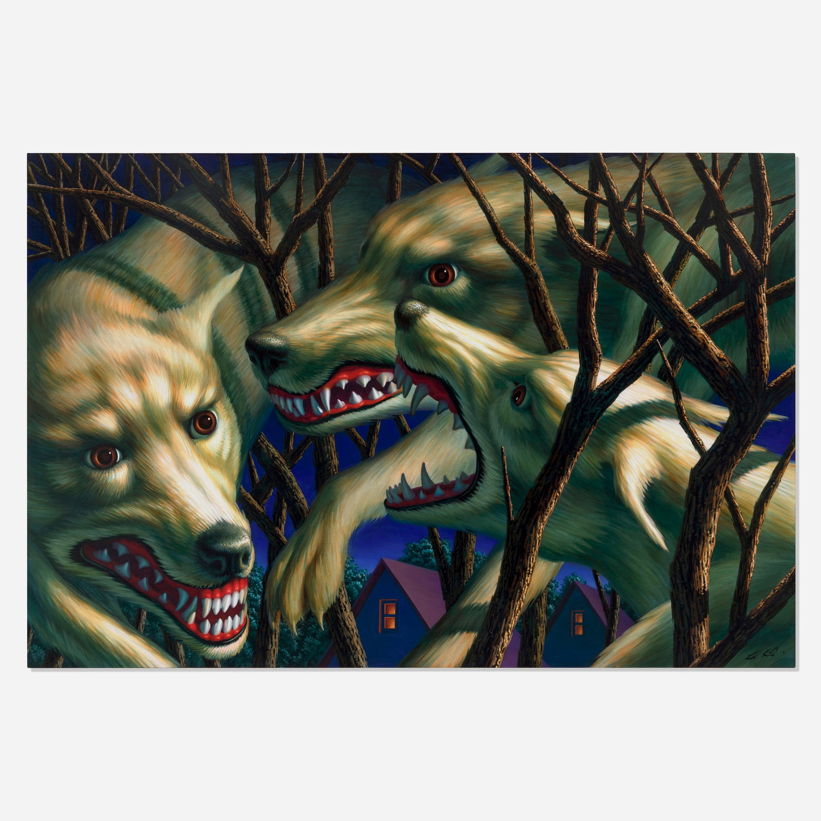 Leonard Koscianski, Canines: Leonard Koscianski Canines 1991 oil on canvas 54.125 h x 80 w in (137 x 203 cm) Signed and dated to lower right 'Leonard Koscianski 91'. Signed, titled and dated to verso 'Canines