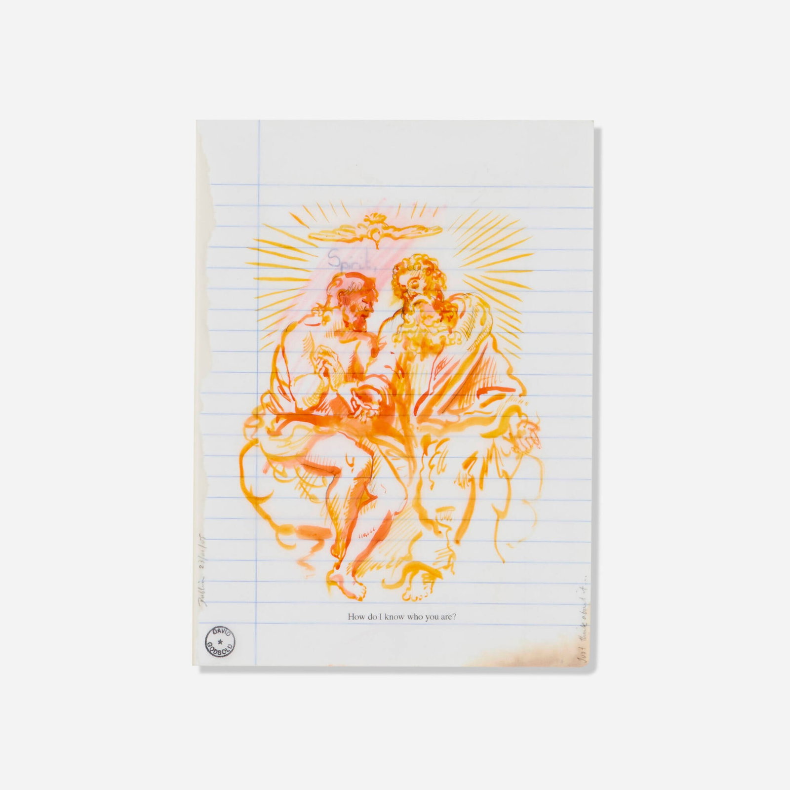 David Godbold, Spirit?: David Godbold Spirit? 2005 ink and computer print-out on tracing paper over found exercise book page 8.125 h x 5.875 w in (21 x 15 cm) Dated and inscribed to left and right edges 'Dublin 23/01/05