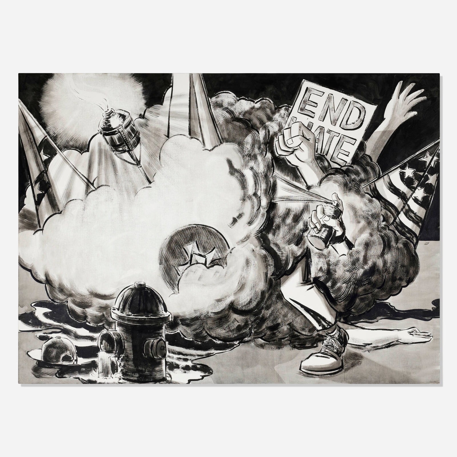 Mark Thomas Gibson, Battle of Charlottesville: Mark Thomas Gibson Battle of Charlottesville 2020 ink on canvas 66 h x 89.5 w in (168 x 227 cm) Signed, titled, and dated to verso 'Battle of Charlottesville 2020 Mark Thomas Gibson'.