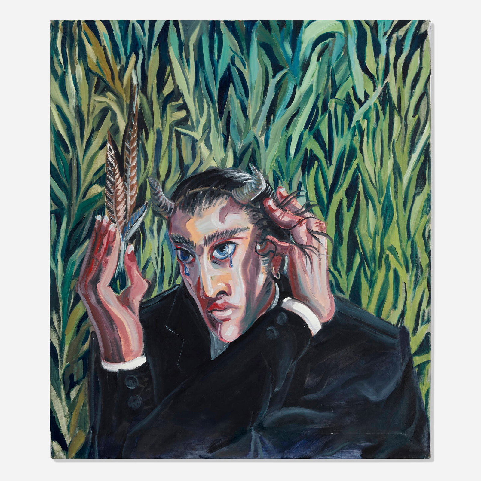 Adrian Geller, Reprise Thinking Satyr: Adrian Geller Reprise Thinking Satyr 2020 oil on polyester 27 h x 23.5 w in (69 x 60 cm) Signed, titled, and dated to verso 'Reprise Thinking Satyr 2020 Geller'. This work will ship from