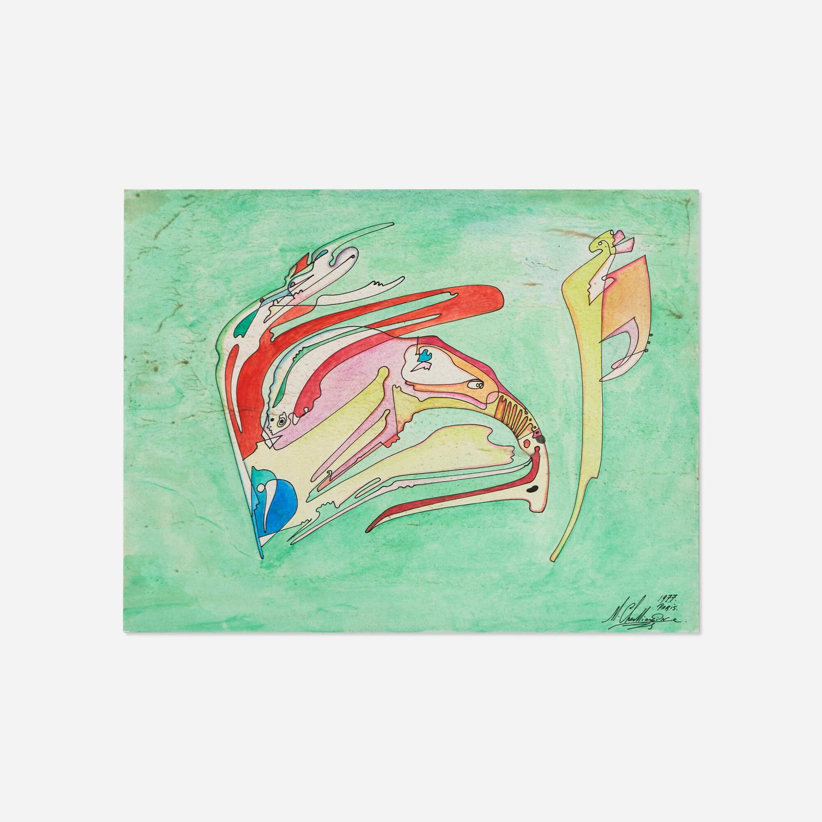 Mihail Chemiakin, Composition Metaphysique II: Mihail Chemiakin Composition Metaphysique II 1977 ink and watercolor on paper 9.875 h x 12.5 w in (25 x 32 cm) Signed, dated, and inscribed to lower right 'M. Chemiakin 1977 Paris'.