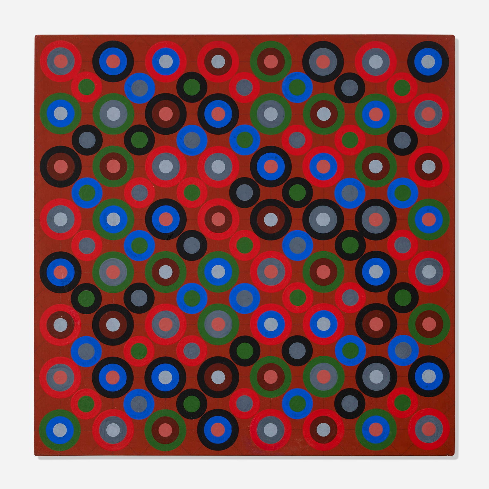Lynn Leland, Red Ground: Lynn Leland Red Ground c. 1966 acrylic on canvas 25 h x 25 w in (63 x 63 cm) Provenance: A.M. Sachs Gallery, New York | Private Collection This work will sh