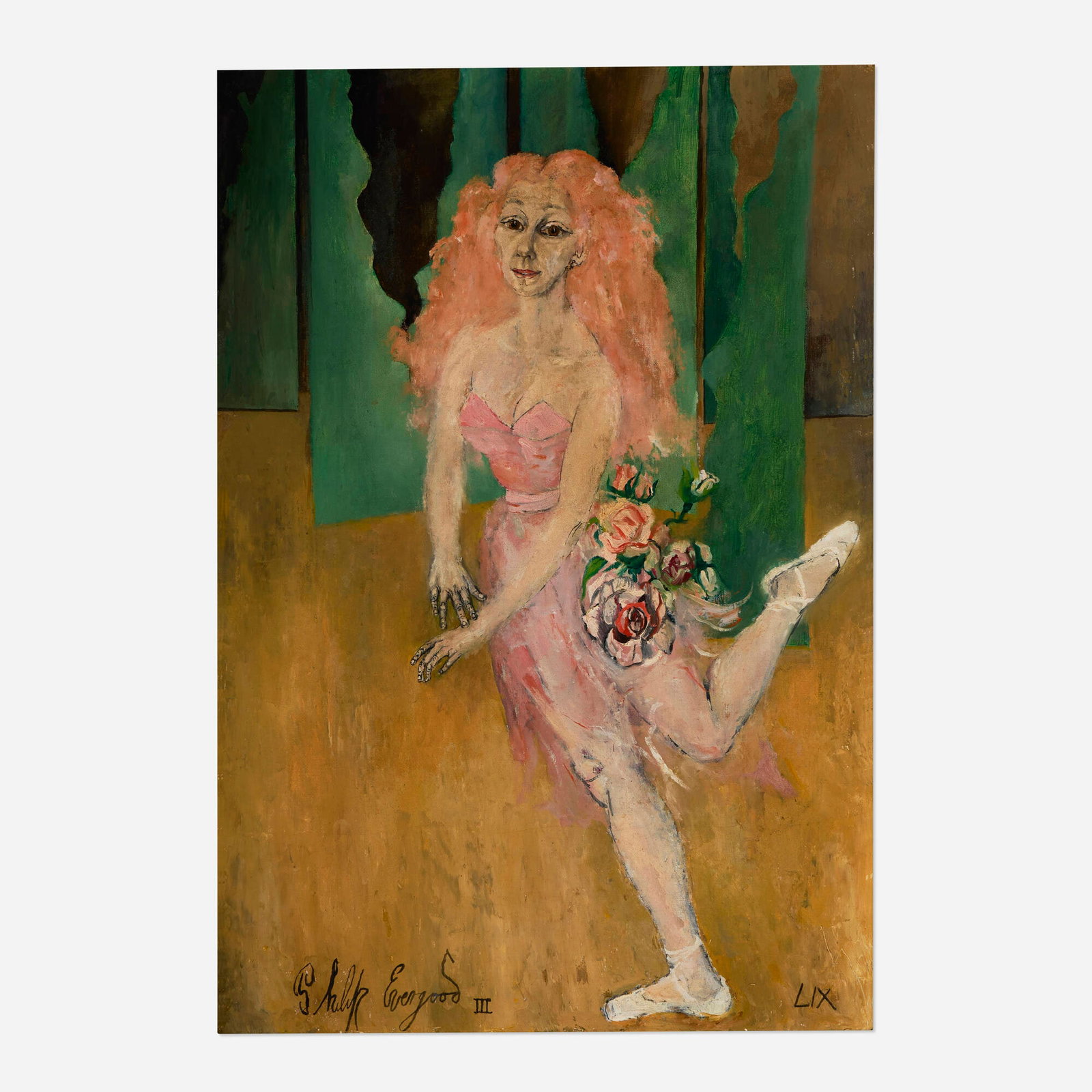 Philip Evergood, Dancer in the Ballet Attitude: Philip Evergood Dancer in the Ballet Attitude 1959 oil on board 38.25 h x 26 w in (97 x 66 cm) Signed and dated to lower edge 'Philip Evergood III LIX'. Titled and dated to verso