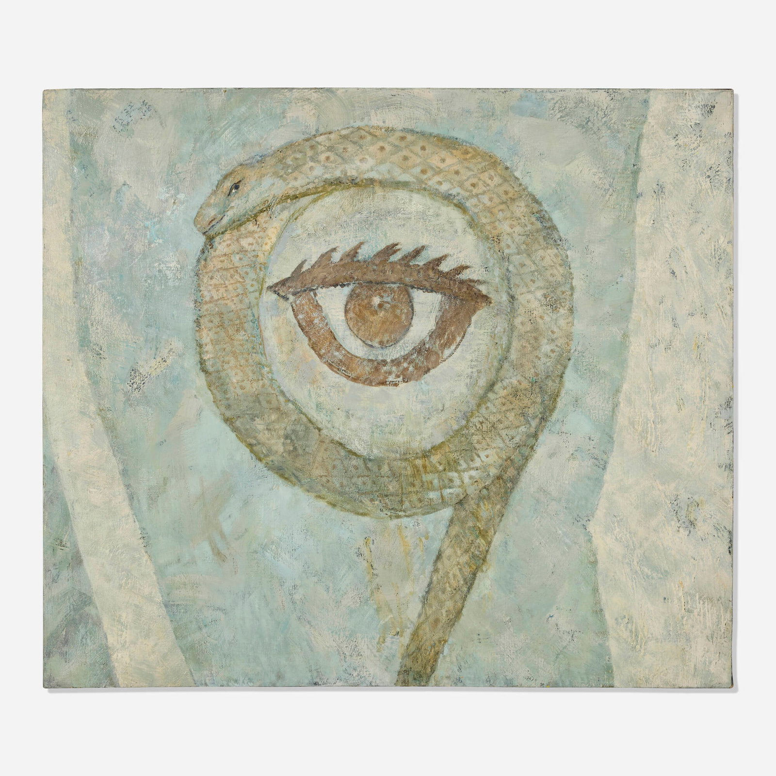 Buffie Johnson, White Egg of Chaos: Buffie Johnson White Egg of Chaos 1965 oil on canvas 33 h x 37.875 w in (84 x 96 cm) Signed, titled, and dated to verso 'White Egg of Chaos Buffie Johnson 1965'. Proven
