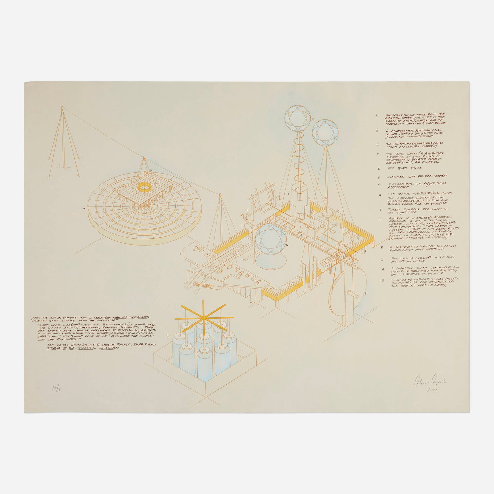 Alice Aycock, Untitled (from How to Catch and Manufacture Ghosts): Alice Aycock Untitled (from How to Catch and Manufacture Ghosts) 1981 lithograph in colors 28.5 h x 38.375 w in (72 x 97 cm) Signed, dated, and numbered to lower edge '12/15 Alice Aycock 1