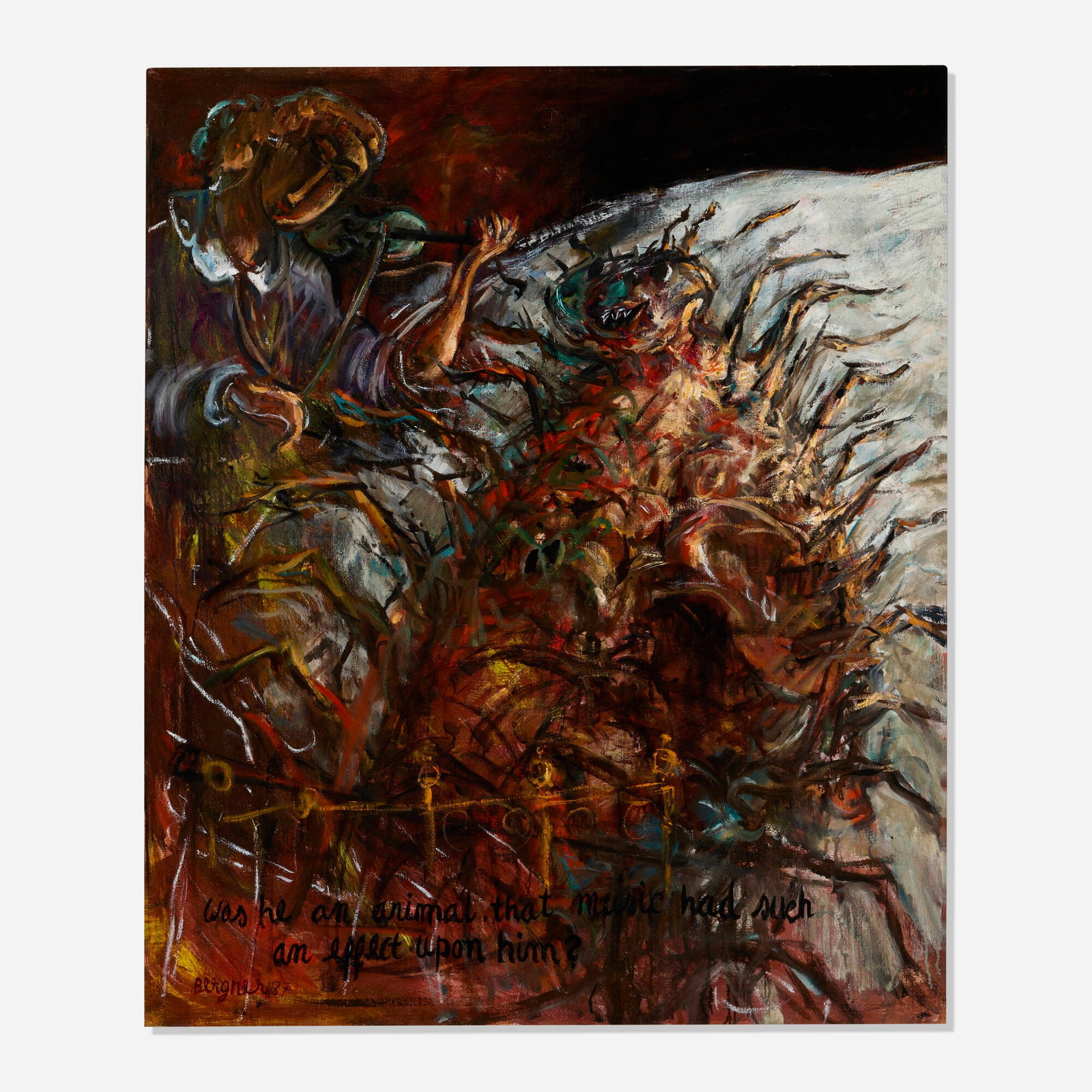 Yosl Bergner, Metamorphosis: Yosl Bergner Metamorphosis 1987 oil on canvas 46 h x 38.5 w in (117 x 98 cm) Signed and dated to lower left 'Bergner 87'. Signed, titled, dated, and inscribed to verso 'Yosl Bergner 87