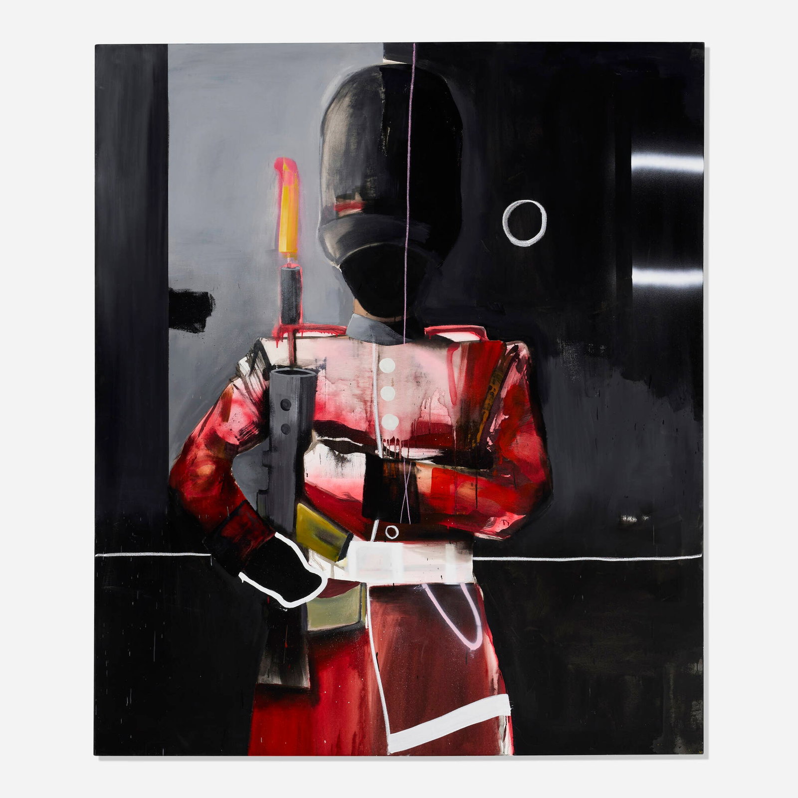 Marcus Jansen, King's Guard in Black: Marcus Jansen King's Guard in Black 2021 oil enamel, spray paint and oilstick on canvas 84.5 h x 72 w in (215 x 183 cm) Signed, titled and dated to verso 'King's Guard In Black Jansen