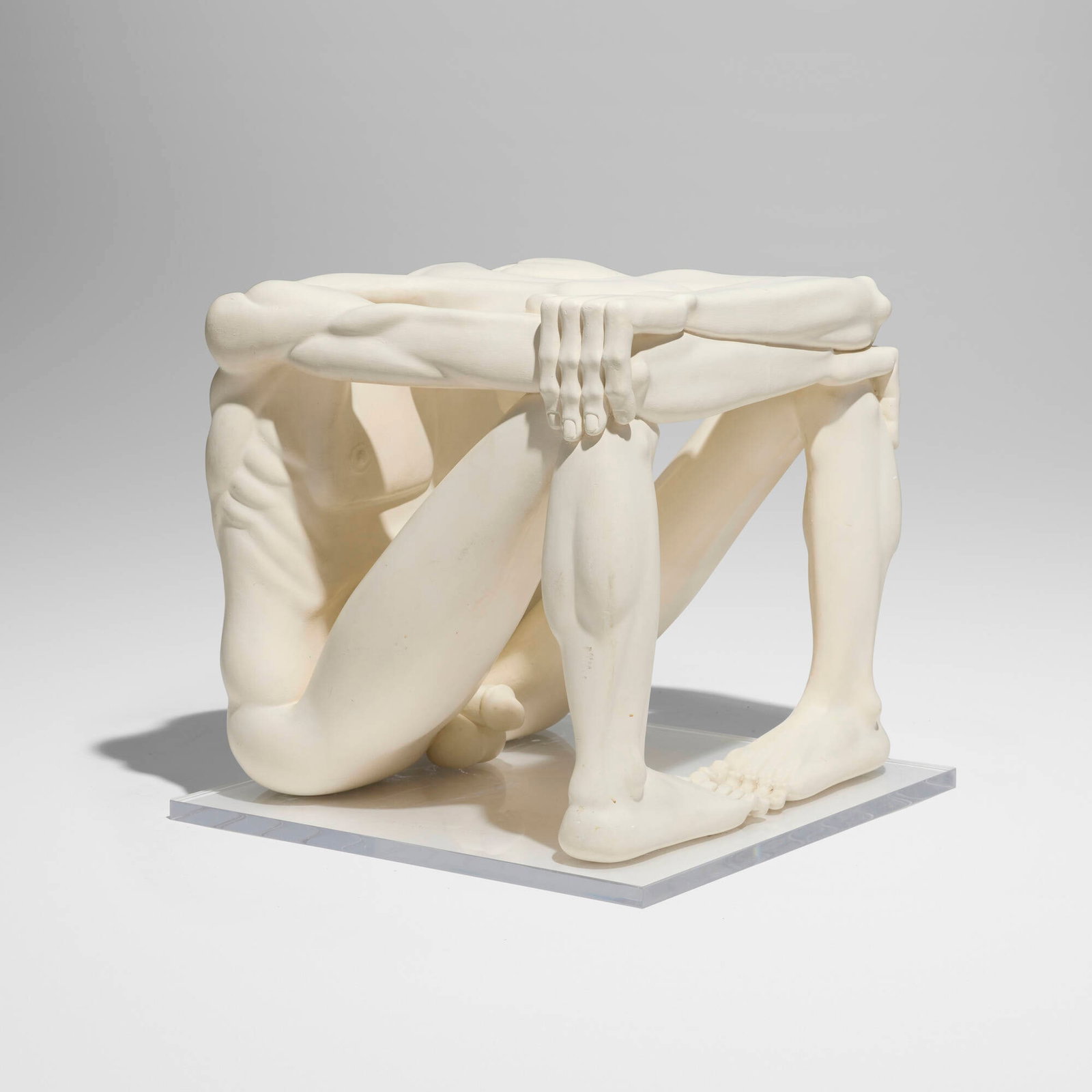 Eldon Danhausen, Untitled (Man in Cube): Eldon Danhausen Untitled (Man in Cube) painted cast plaster, acrylic 20.5 h x 20.5 w x 20.5 d in (52 x 52 x 52 cm) This work will ship from Chicago, Illinois.