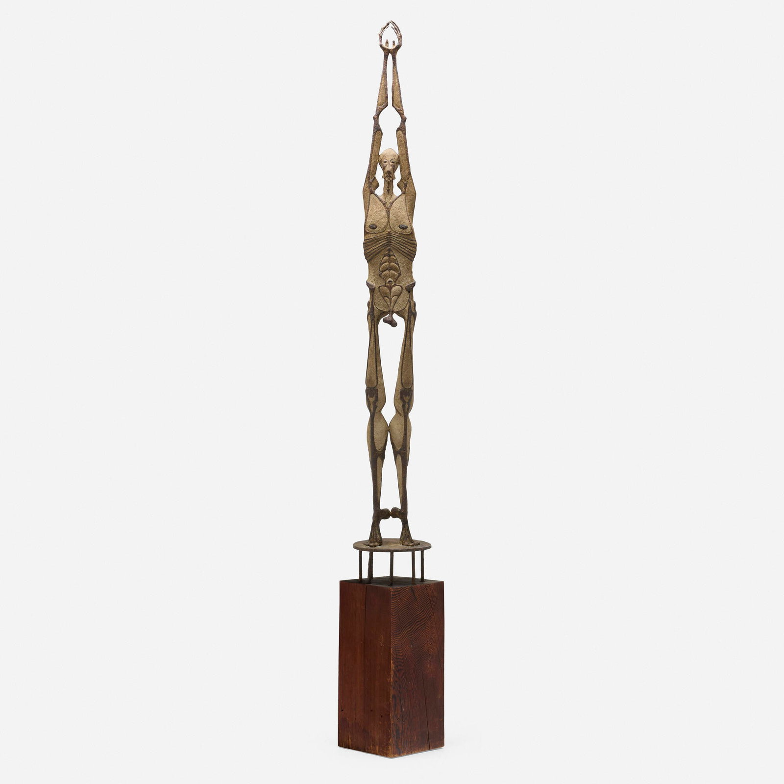 Eldon Danhausen, Figure: Eldon Danhausen Figure brass-melt coated patinated bronze, concrete, and stained pine 81 h x 8.75 w x 8.75 d in (206 x 22 x 22 cm) This work will ship from Chicago, Illinois.
