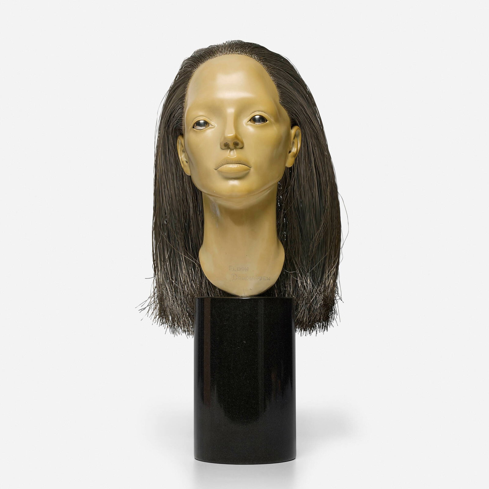 Eldon Danhausen, Female Head: Eldon Danhausen Female Head painted fiberglass and resin, stainless steel, and marble 20.5 h x 10 w x 10.5 d in (52 x 25 x 27 cm) Incised signature to neck 'Eldon Danhausen'. This work will ship from