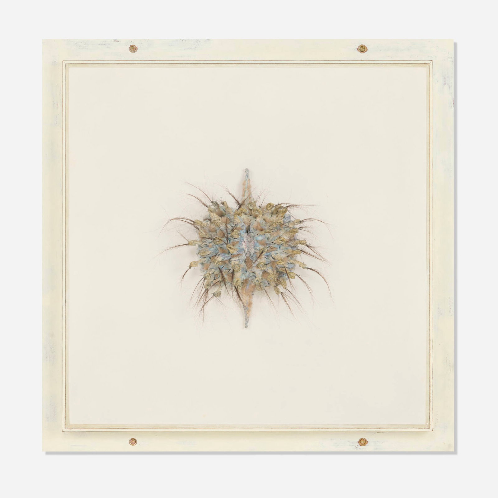 Cathy de Monchaux, Mordant Rapture: Cathy de Monchaux Mordant Rapture 1999 brass, leather, human hair, fur, gesso, chalk, thread, and oil in artist's frame 30 h x 30 w x 2.5 d in (76 x 76 x 6 cm) Provenance: Sean